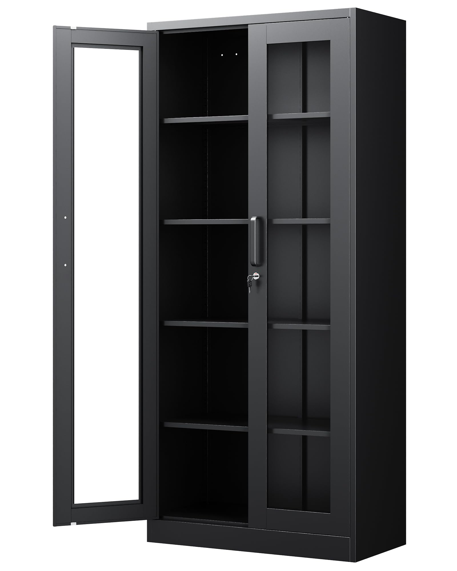 PEUKC Display Cabinet with Glass Doors, 71 Inches Metal Display Case with 4 Adjustable Shelves, Curio Storage Cabinet with Lock for Home, Office, Book, Pantry, Assemble Required (White)