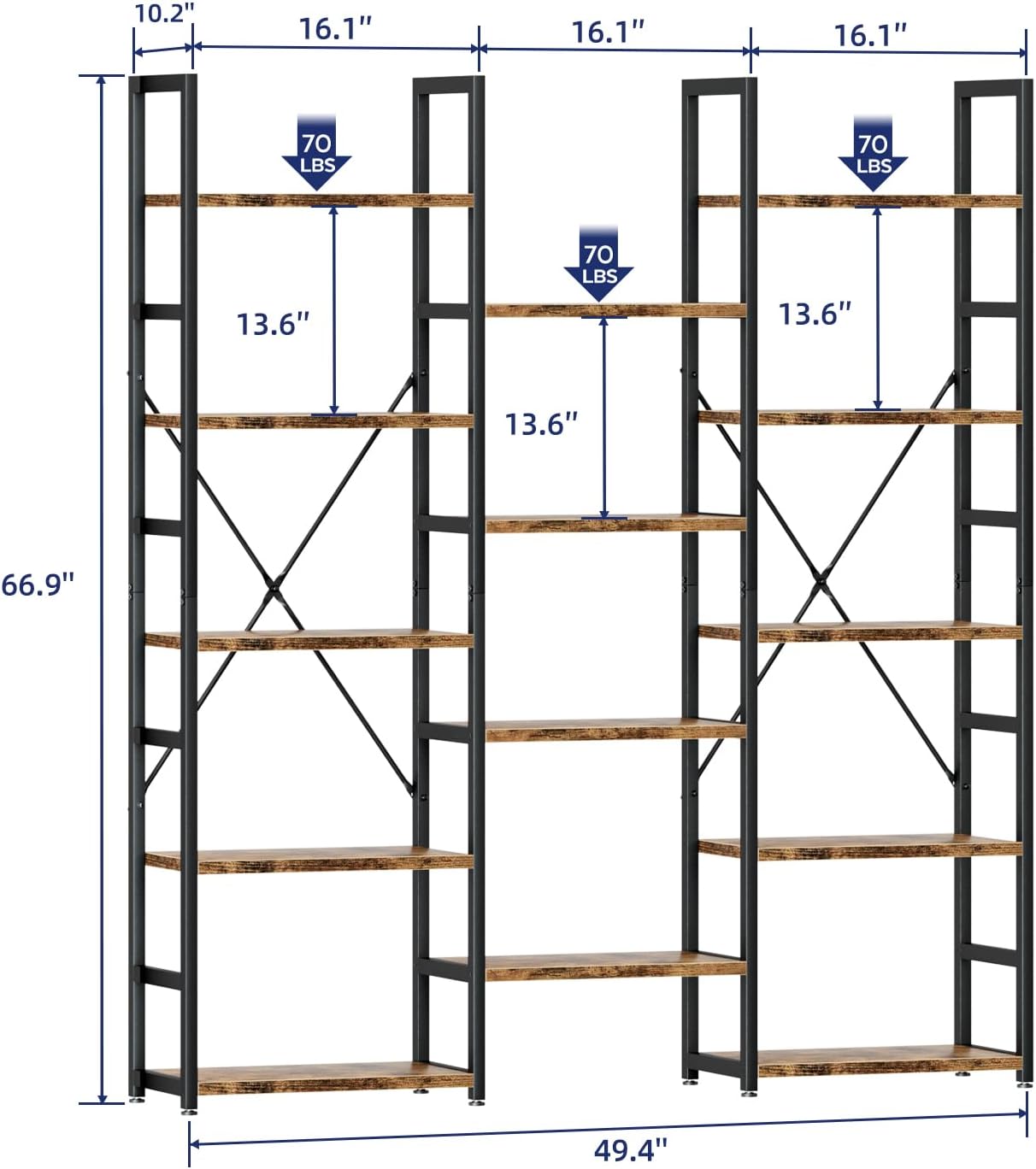 NUMENN Triple Column 5 Tier Bookshelf, Bookcase with 14 Open Display Shelves, Adjustable Rustic Industrial Style Book Shelves, Modern Bookshelves for Bedroom, Living Room and Home Office, Vintage
