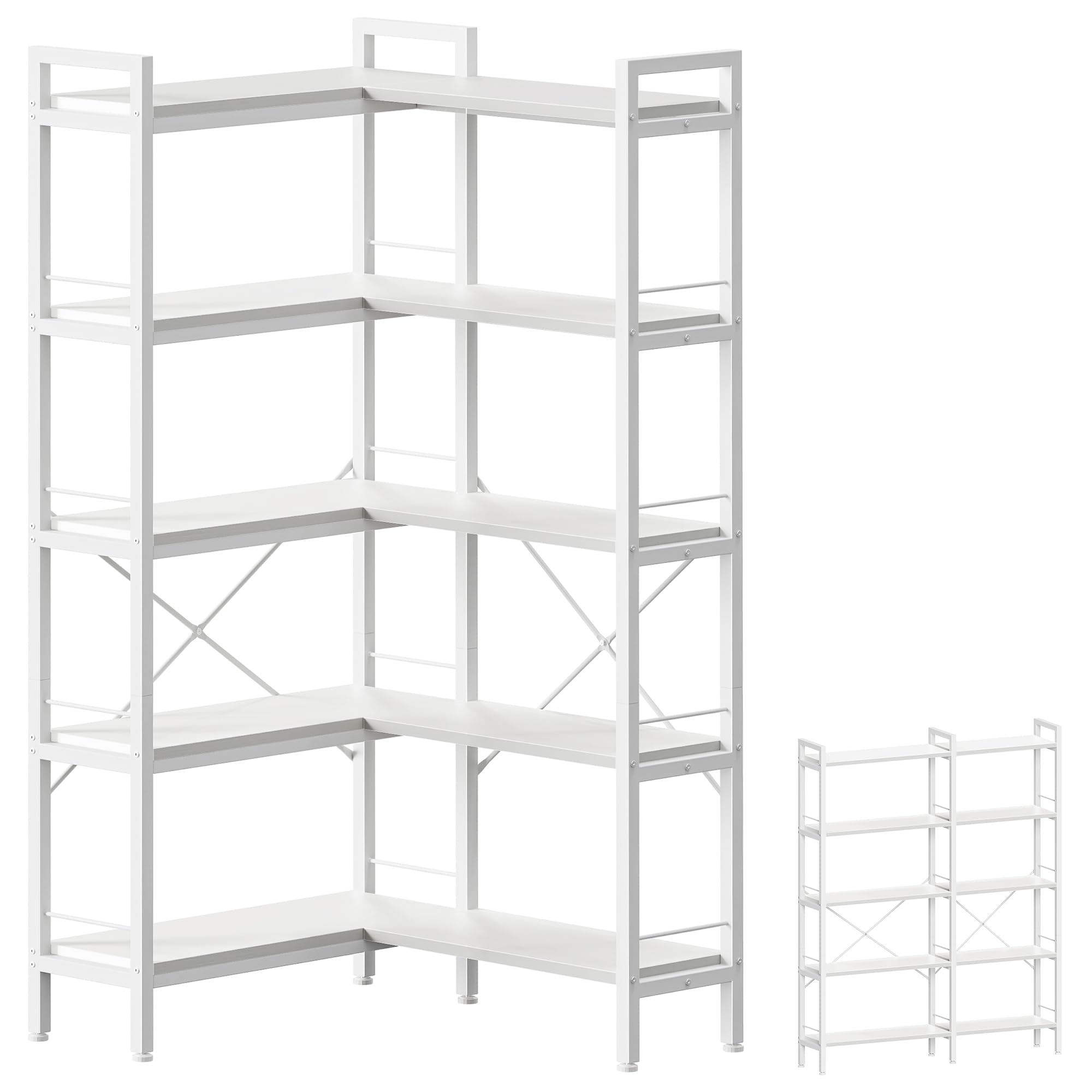 Huuger 5 Tier Bookshelf, L Shaped Corner Bookshelf with 10 Open Shelves, 49.4 Inch Straight Wide Bookcase with Metal Frame and Wooden Board, Adjustable Feet, Rustic Brown