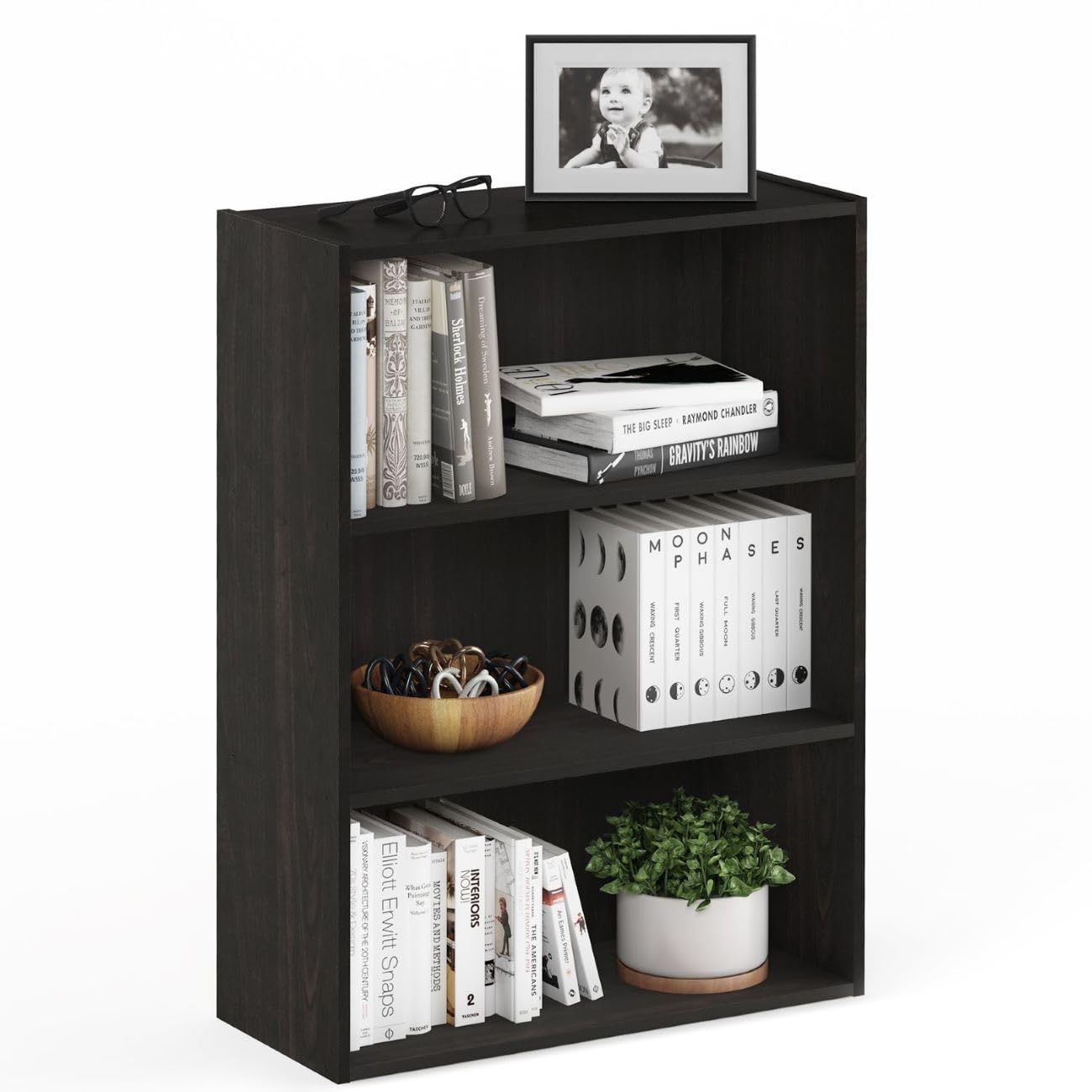 Furinno PASIR Book Shelf, 3-Tier Bookshelf, Storage Shelves Bookcase, 9.7 x 23.7 x 31.5, for Living Room, Bedroom, Home Office, Amber Pine