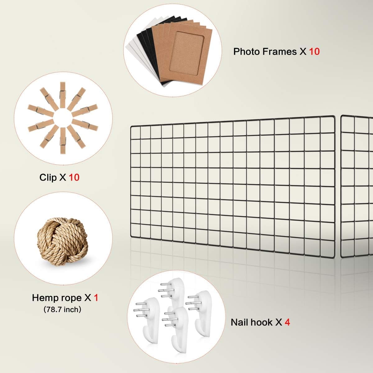 Wall Photo Grid Shelf, Wall Hanging Ins Art Display Grid Panel for Decor & Storage, Metal Wire Notice Boards & Memo Board, Mesh Tool Organiser, Wall Photo Frame 2 Pcs (Black, 15.7 x 31.5 inches)
