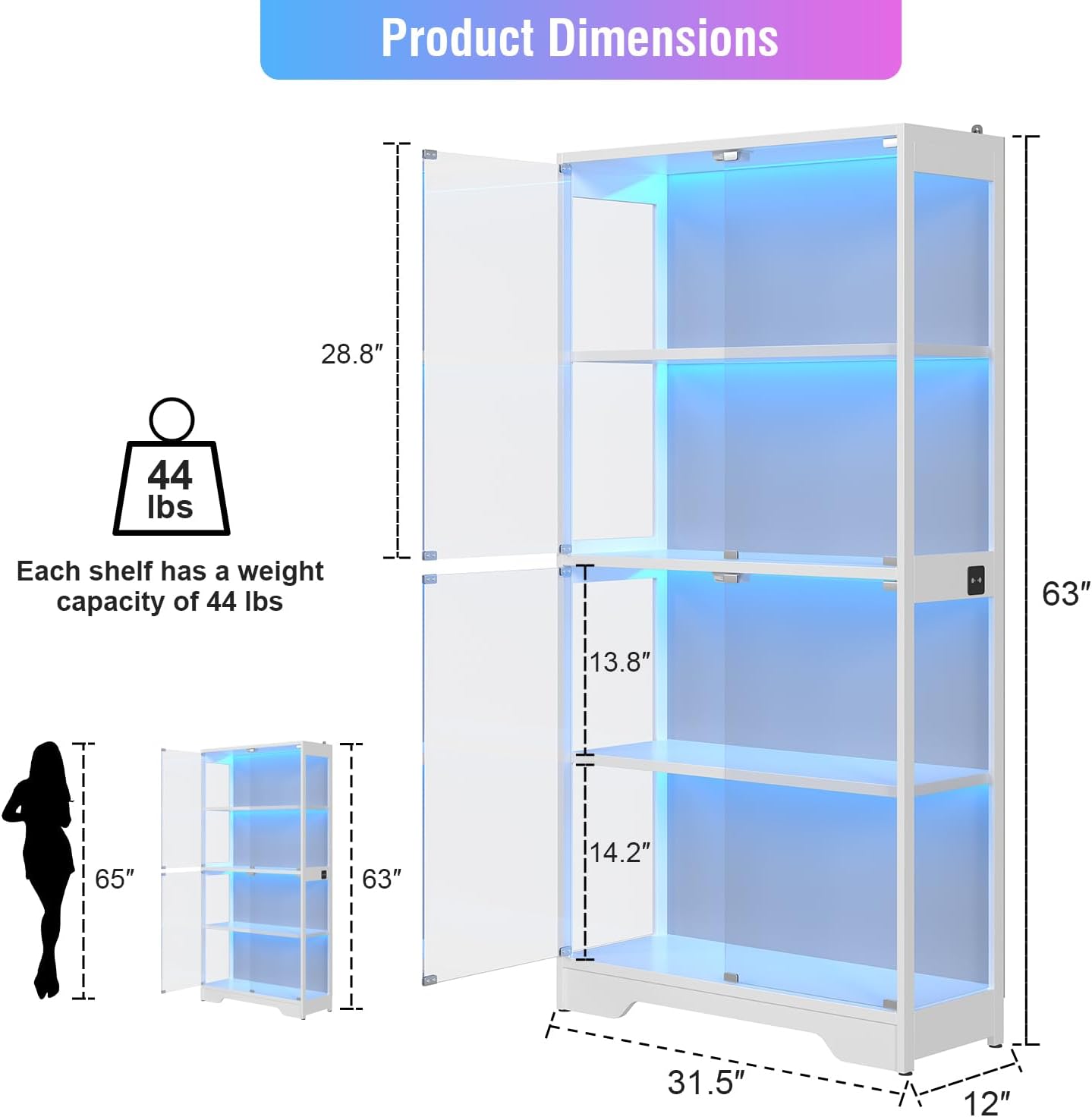knoworld Display Cabinet with Glass Doors, 63" Tall Curio Cabinet with Human Sensor RGB LED Lights, 4-Tier Glass Display Case with 15mm Thick Shelves for Action Figures, Collectibles, Books - White