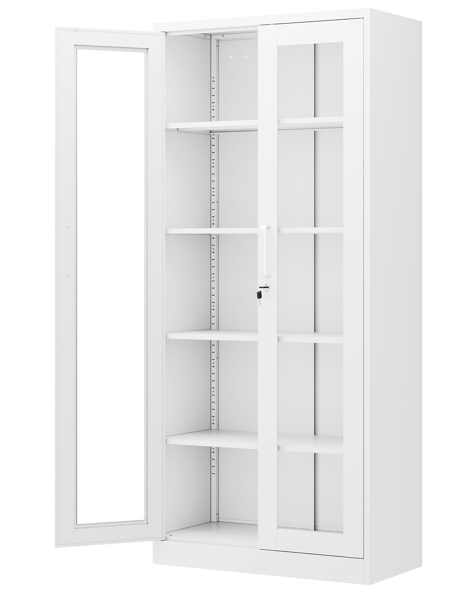 PEUKC Display Cabinet with Glass Doors, 71 Inches Metal Display Case with 4 Adjustable Shelves, Curio Storage Cabinet with Lock for Home, Office, Book, Pantry, Assemble Required (Black)