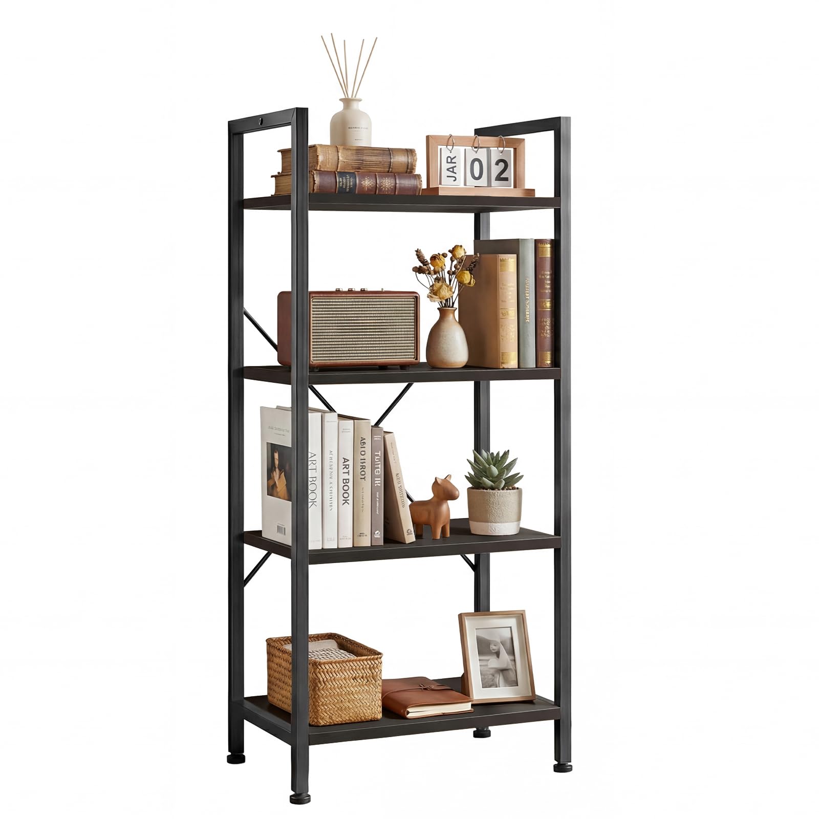 5 Tier Bookshelf, Free Standing Wooden Bookcase with Open Storage Shelves with Metal Frame, Sturdy Shelf Organization Display Rack for Living Room, Bedroom, Home Office, 62.2" Tall, Black