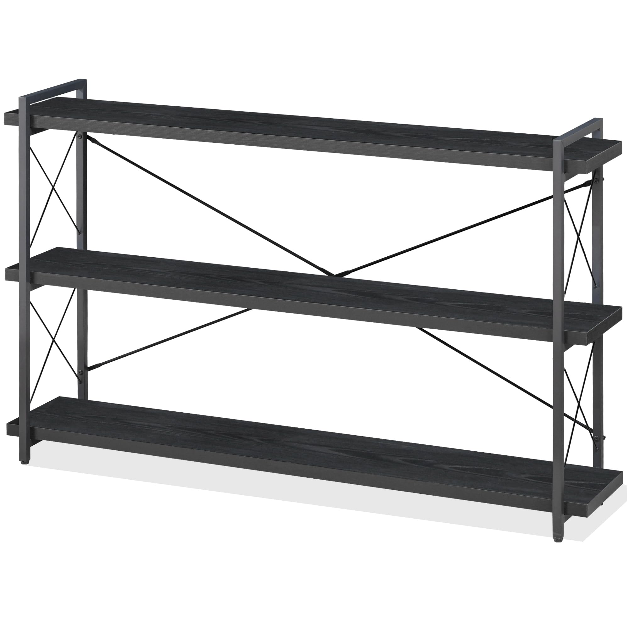 HCHQHS Bookshelf, 3-Tier Industrial Bookcase, Rustic Open Book Shelf, Wood and Metal Horizontal Bookshelves