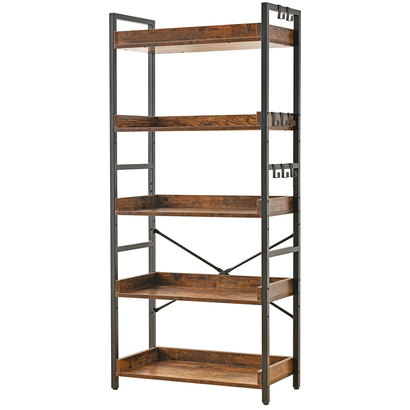HCHQHS Adjustable 6 Tier Open Bookcase, Rustic Farmhouse Book Shelves, Industrial Wood and Black Metal Bookshelves, Mid Century Bookcase for Home Office Living Room Bedroom