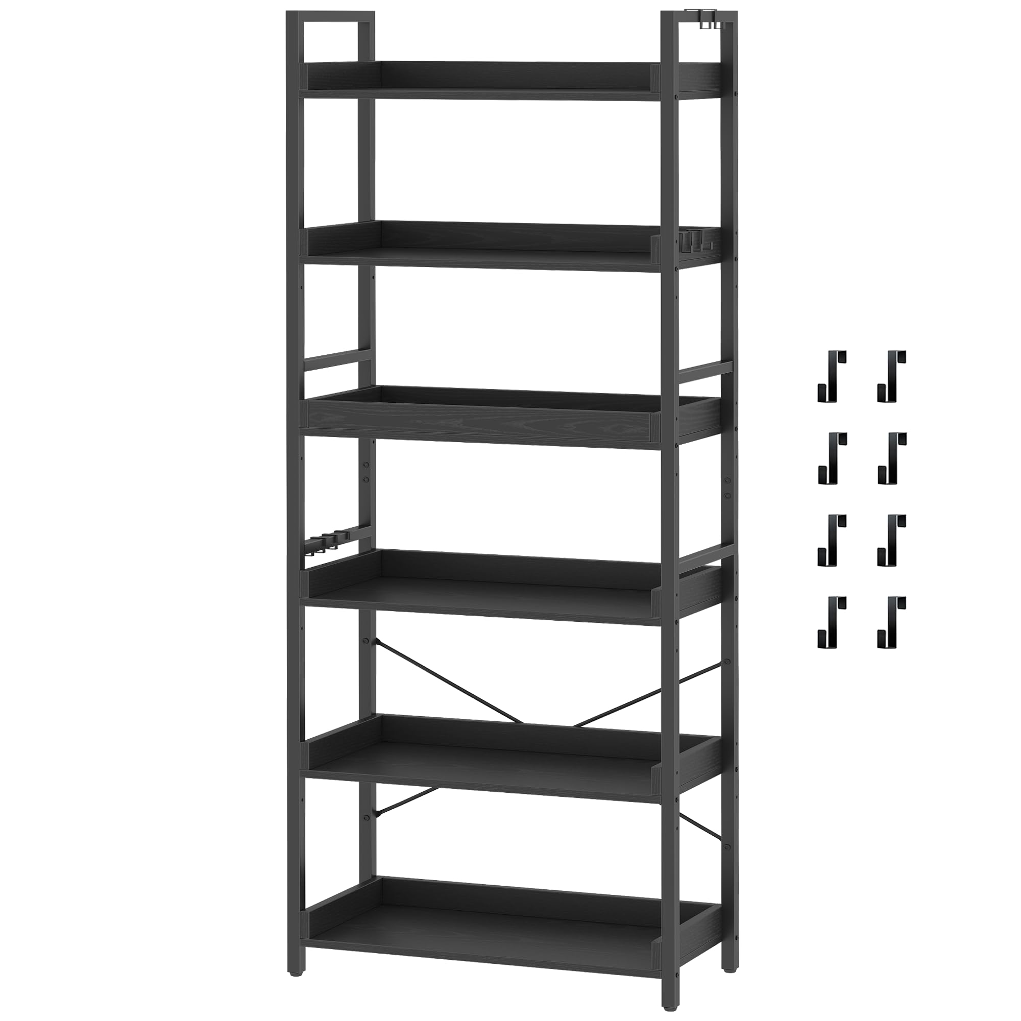 HCHQHS Adjustable 6 Tier Open Bookcase, Rustic Farmhouse Book Shelves, Industrial Wood and Black Metal Bookshelves, Mid Century Bookcase for Home Office Living Room Bedroom