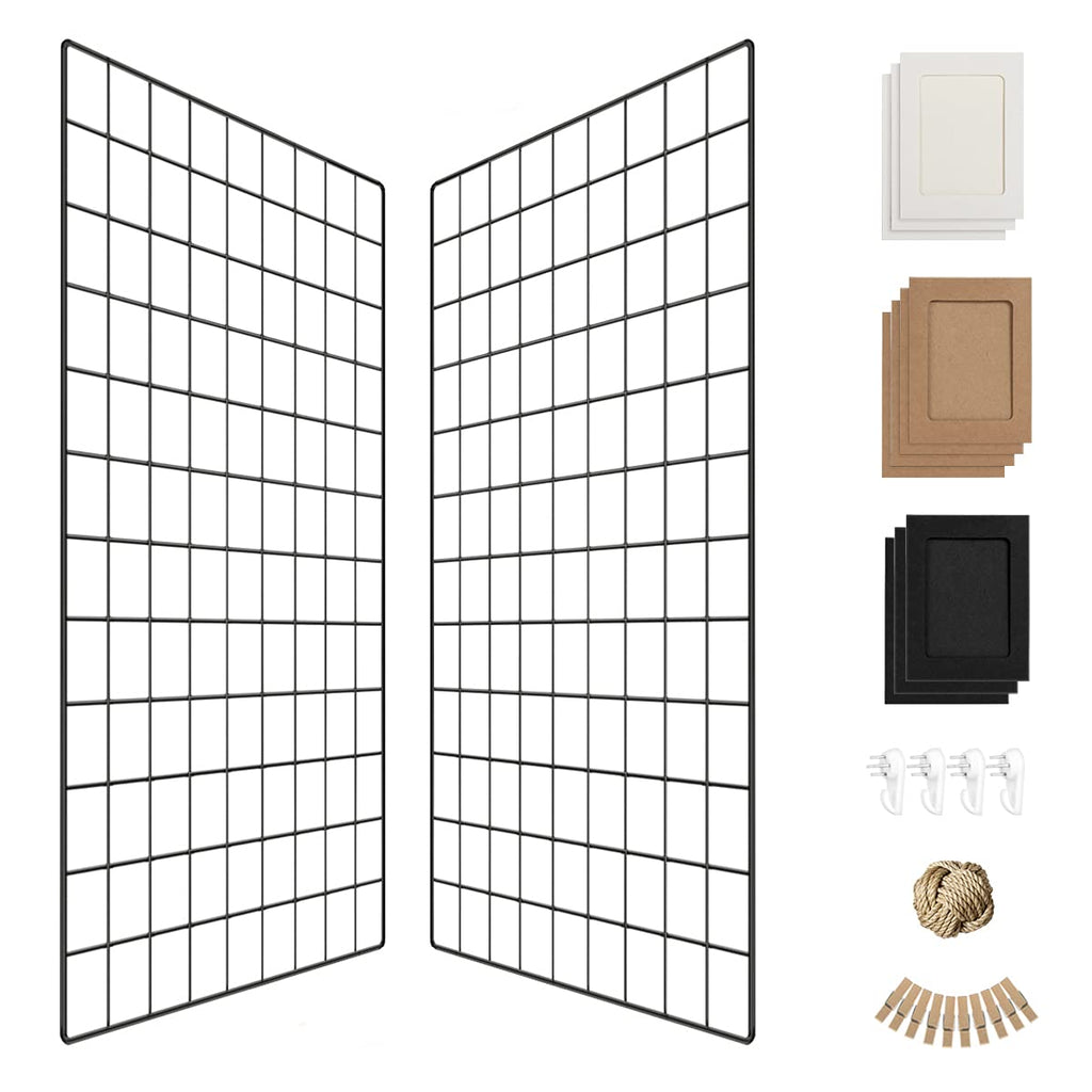 Wall Photo Grid Shelf, Wall Hanging Ins Art Display Grid Panel for Decor & Storage, Metal Wire Notice Boards & Memo Board, Mesh Tool Organiser, Wall Photo Frame 2 Pcs (Black, 15.7 x 31.5 inches)