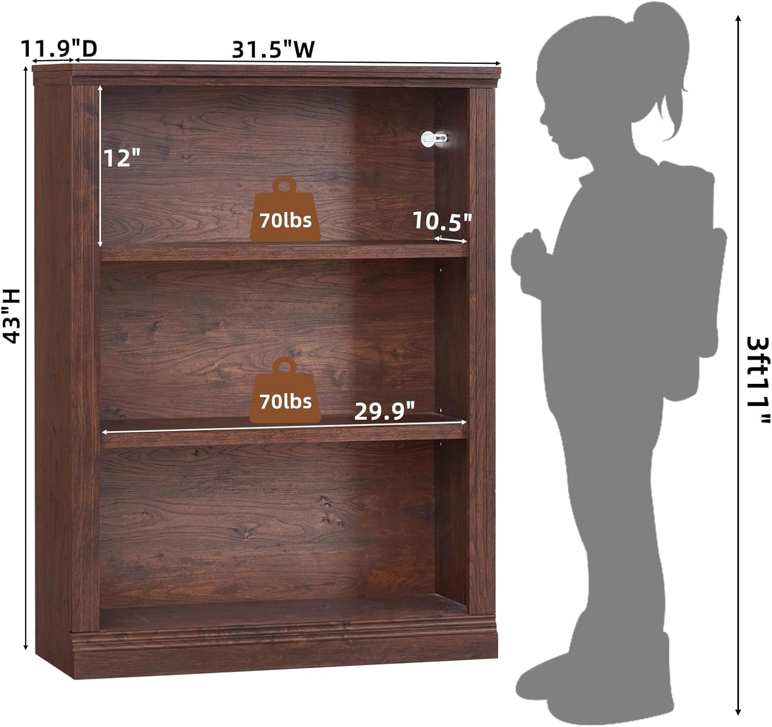 RWYHG 43" Walnut Tall Bookshelf,3-Tier Thick Wooden Book Shelf with Adjustable Shelves,Free Standing Farmhouse Bookcase with Open Display Storage,Floor Vintage Bookshelves for Living Room,Office