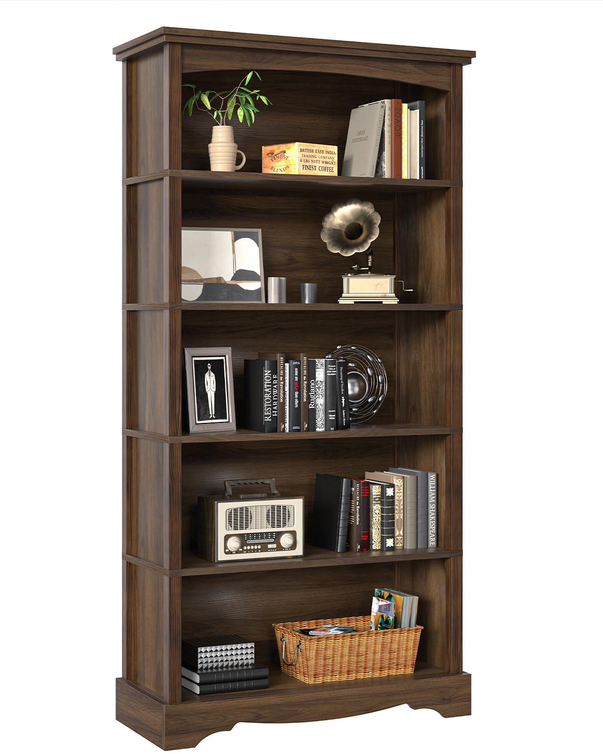 TVU 5-Tier Wooden Bookshelf, 65 Inch Tall Bookshelf with Storage, Floor Standing Modern Style Display Bookcase for Living Room, Office, Study Room, Entryway, Brown