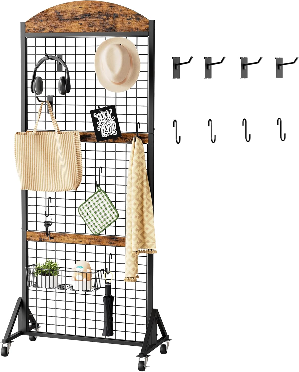 CHOEZON Grid Wall Panel 5.7’ x 2’ FT Grid Display Rack, Movable Gridwall Display Stand with Wheels,Floorstanding Wire Grid Rack with 4 S-Shaped Hooks and 4 Garment Hooks Rustic Brown and Black TCJ17BF