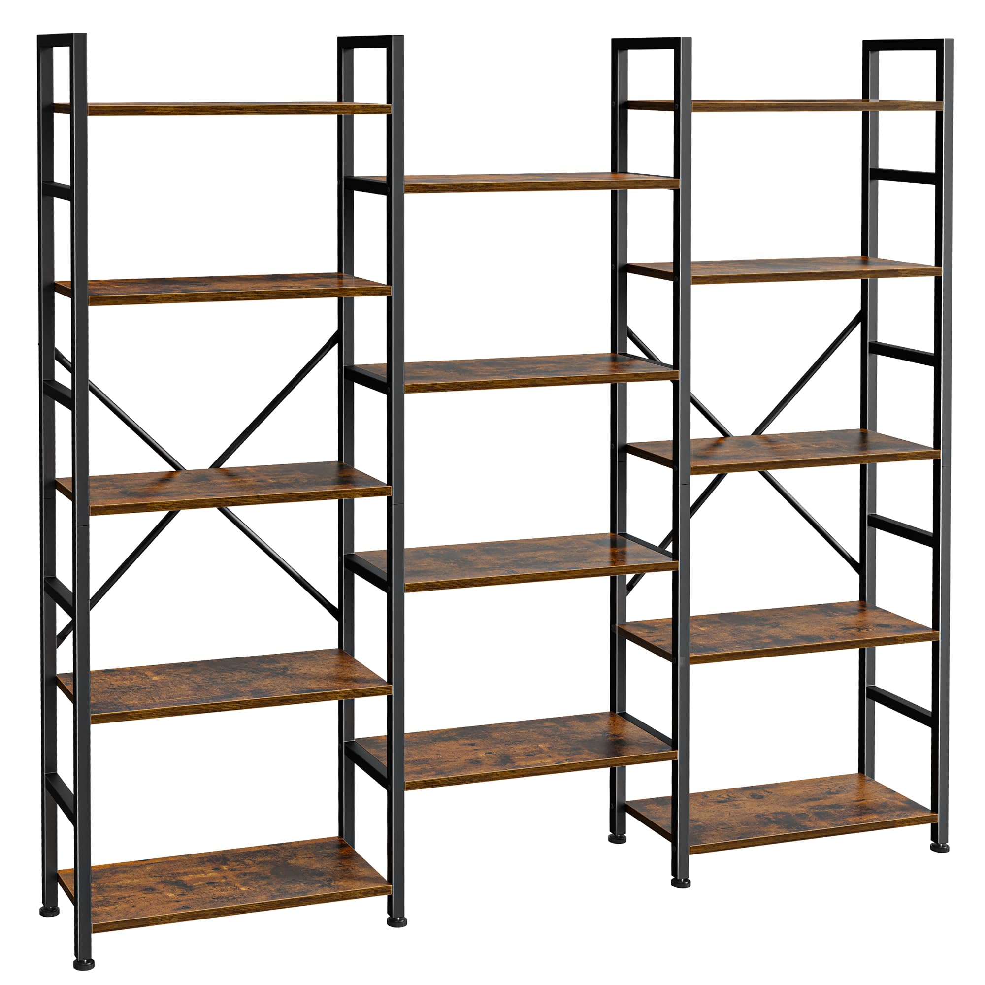 SUPERJARE Triple Bookshelf, Bookcase with 11 Open Display Shelves, Wide Book Shelf Book Case for Home & Office, 4 Tier, Brown