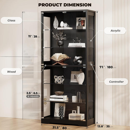 BROTTAR Display Cabinet with Glass Door, 6-Tier 71" Curio Cabinet with 3 Color Lights for Collectibles, Display Case with Adjustable Glass Shelves, Human Body Sensor, Storage Cabinets, Black