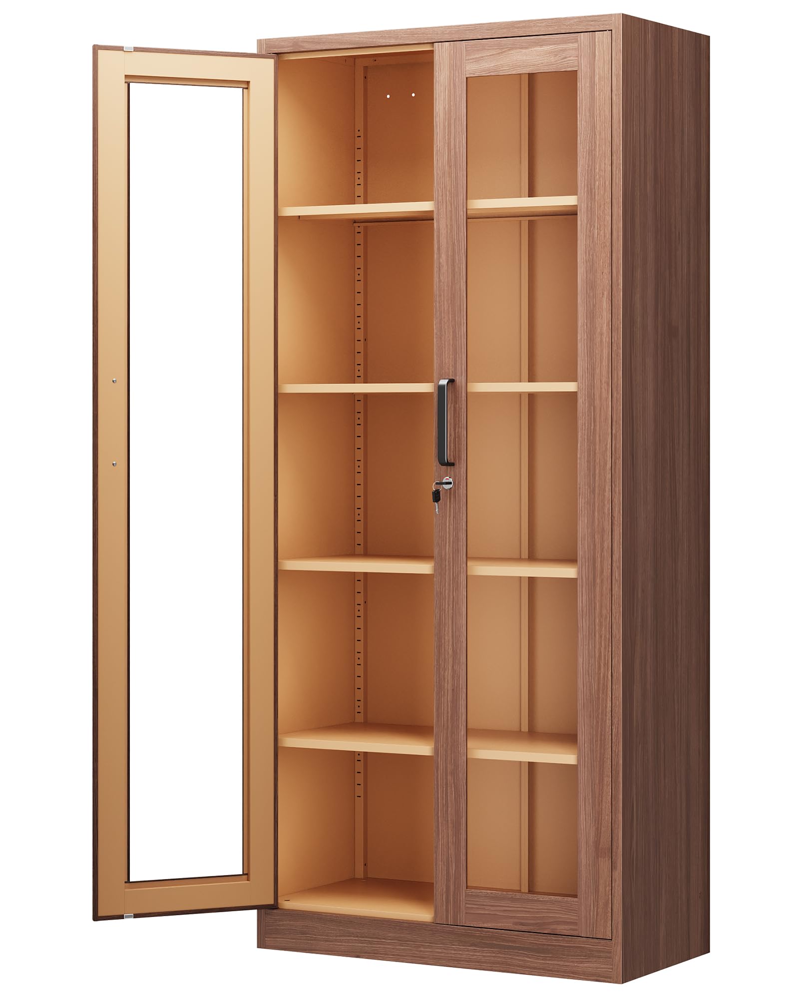 PEUKC Display Cabinet with Glass Doors, 71 Inches Metal Display Case with 4 Adjustable Shelves, Curio Storage Cabinet with Lock for Home, Office, Book, Pantry, Assemble Required (White)