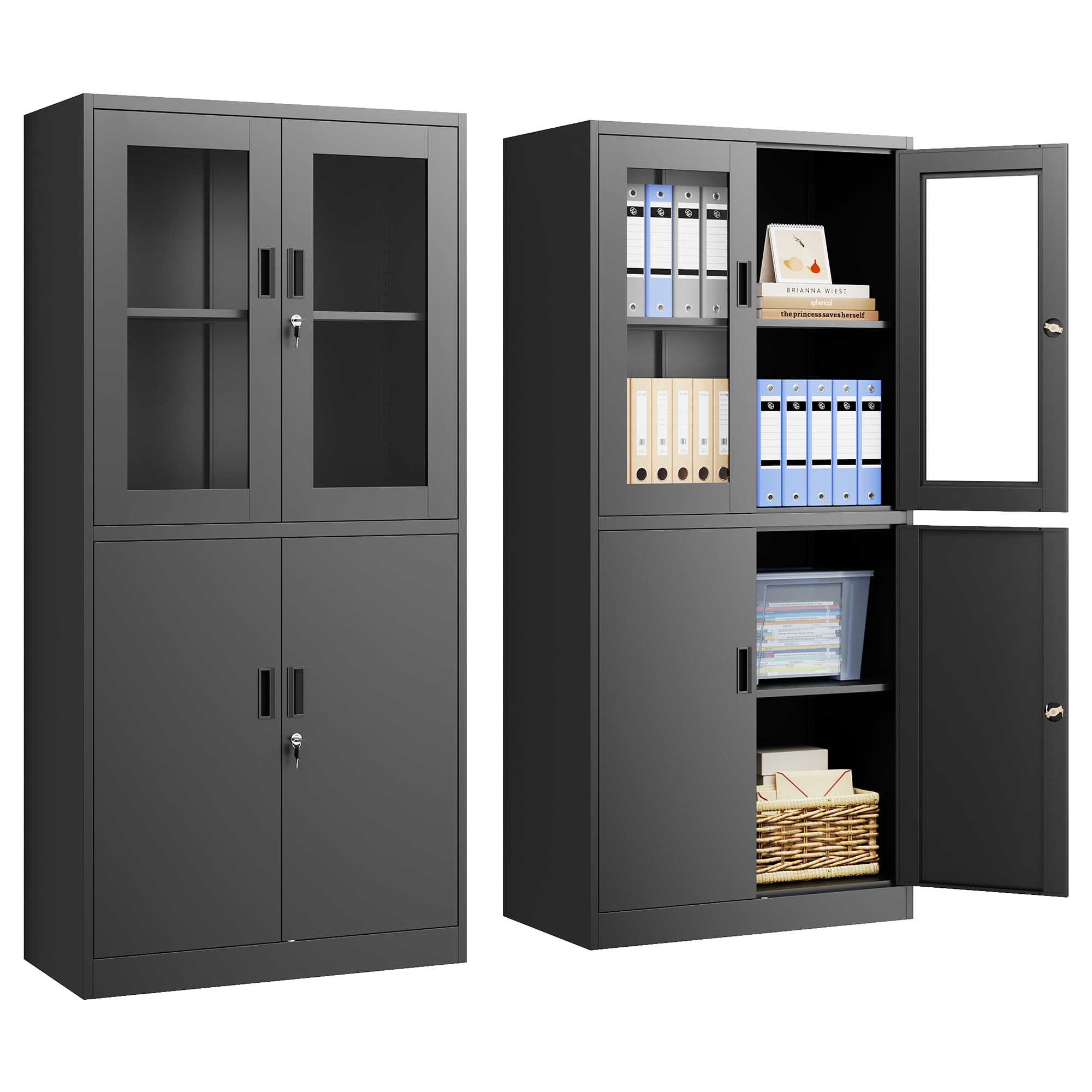 PEUKC Display Cabinet with Glass Doors, 71 Inches Metal Display Case with 4 Adjustable Shelves, Curio Storage Cabinet with Lock for Home, Office, Book, Pantry, Assemble Required (White)
