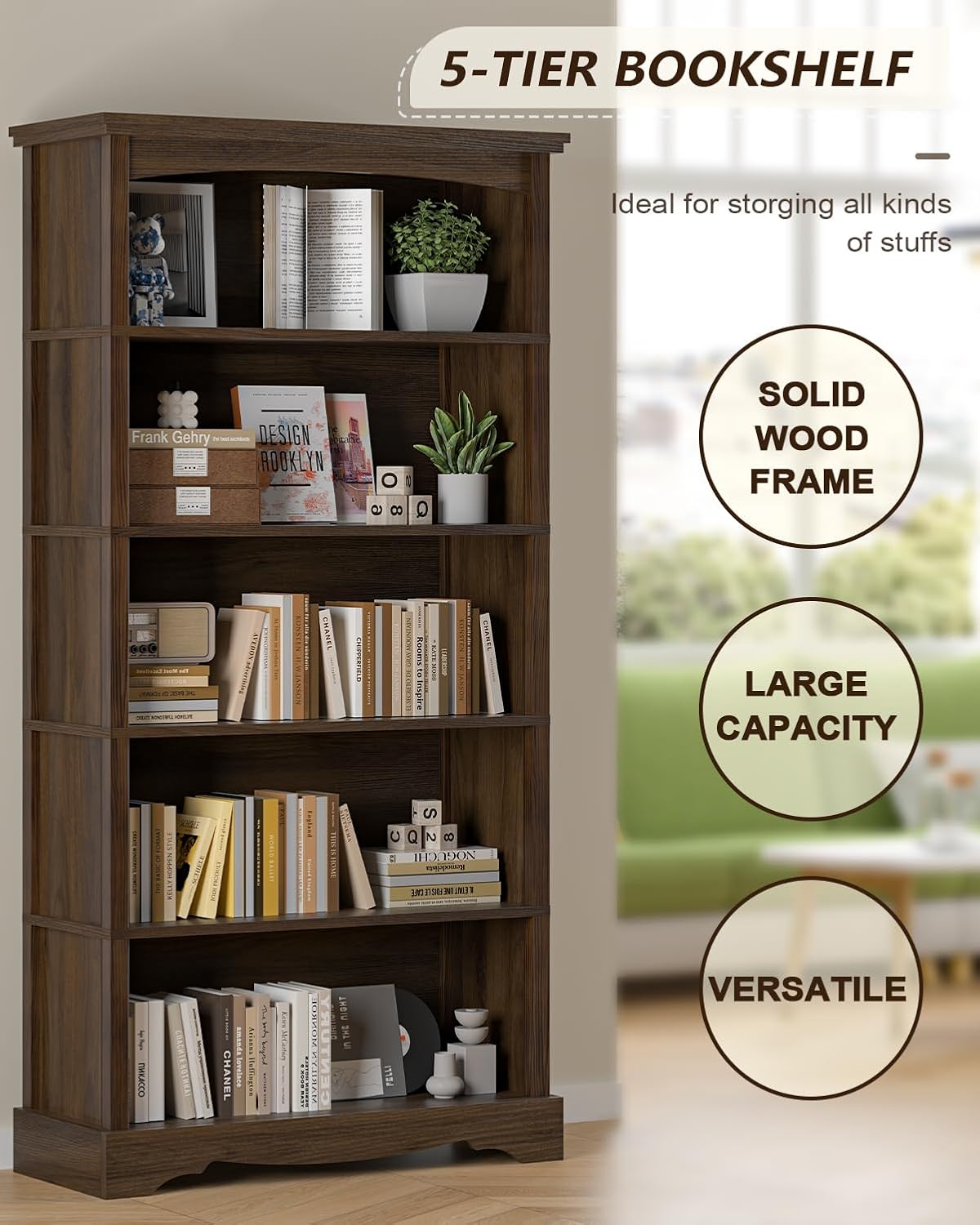 TVU 5-Tier Wooden Bookshelf, 65 Inch Tall Bookshelf with Storage, Floor Standing Modern Style Display Bookcase for Living Room, Office, Study Room, Entryway, Brown