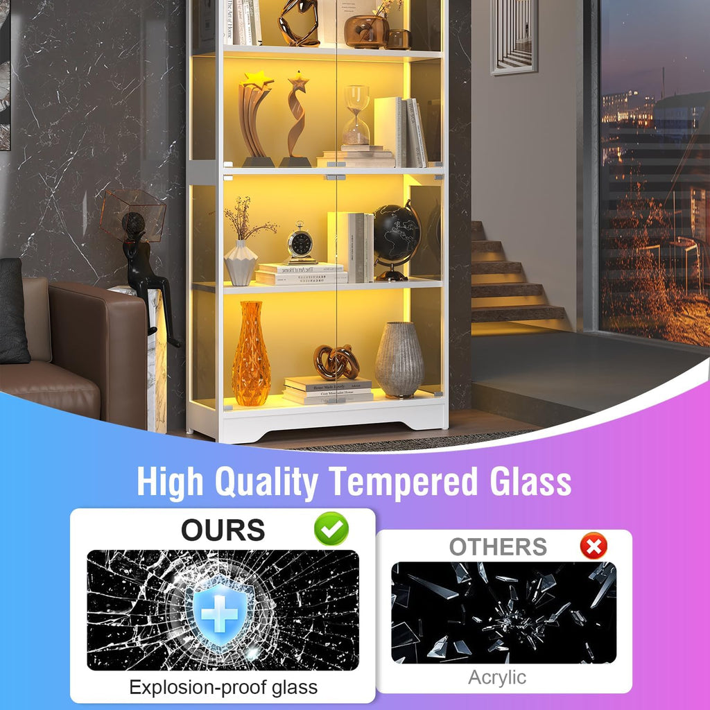 knoworld Display Cabinet with Glass Doors, 63" Tall Curio Cabinet with Human Sensor RGB LED Lights, 4-Tier Glass Display Case with 15mm Thick Shelves for Action Figures, Collectibles, Books - White