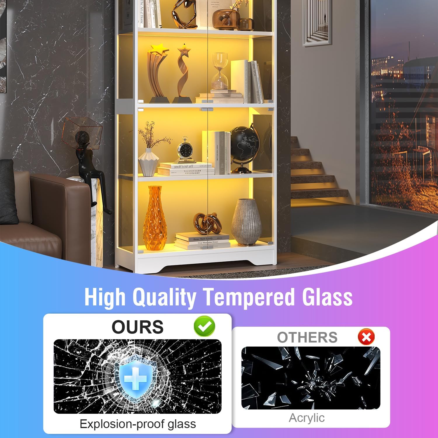 knoworld Display Cabinet with Glass Doors, 63" Tall Curio Cabinet with Human Sensor RGB LED Lights, 4-Tier Glass Display Case with 15mm Thick Shelves for Action Figures, Collectibles, Books - White