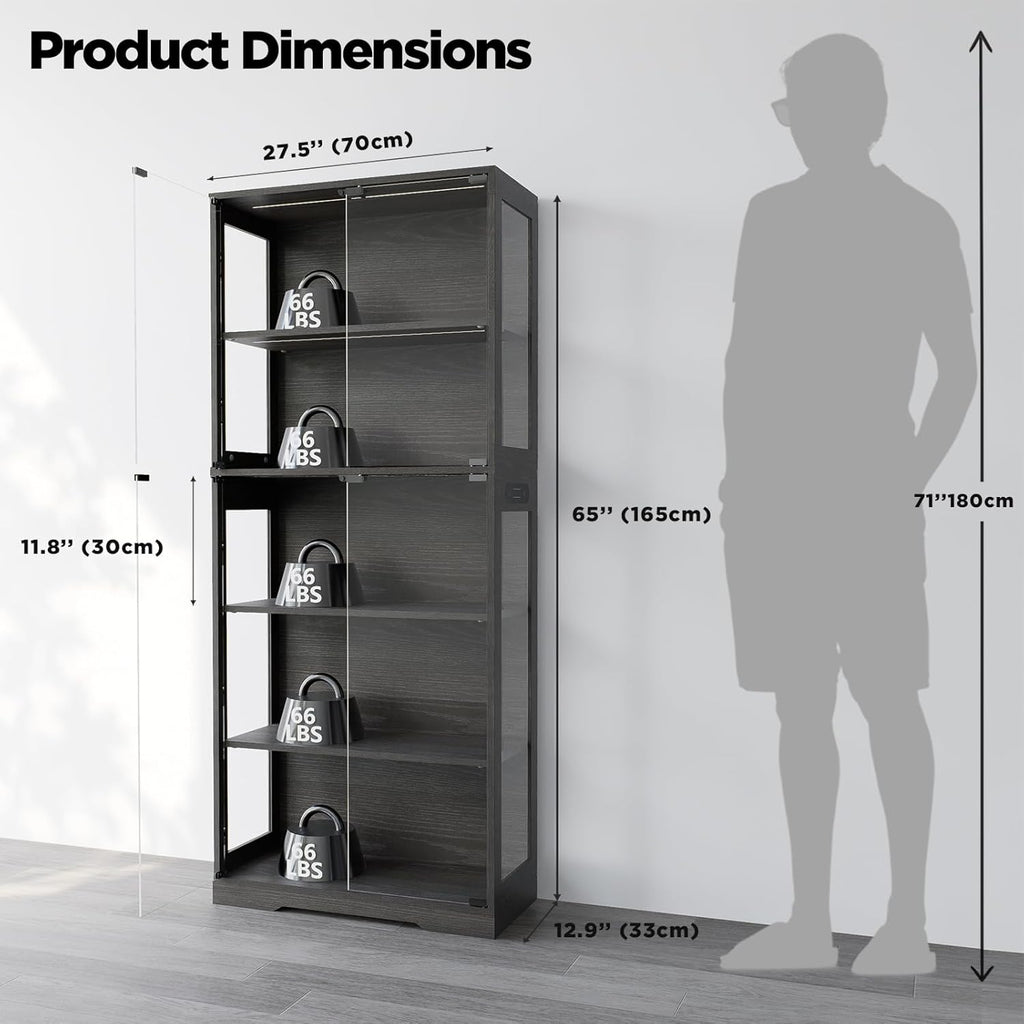 Glass Display Cabinet, 5-Tier Curio Cabinet with Glass Doors, Dimming LED Lights & Motion Sensor, for Collectible Figures, Living Room, Bedroom, or Office (Wooden Frame)