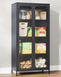 PEUKC Display Cabinet with Glass Doors, 71 Inches Metal Display Case with 4 Adjustable Shelves, Curio Storage Cabinet with Lock for Home, Office, Book, Pantry, Assemble Required (White)