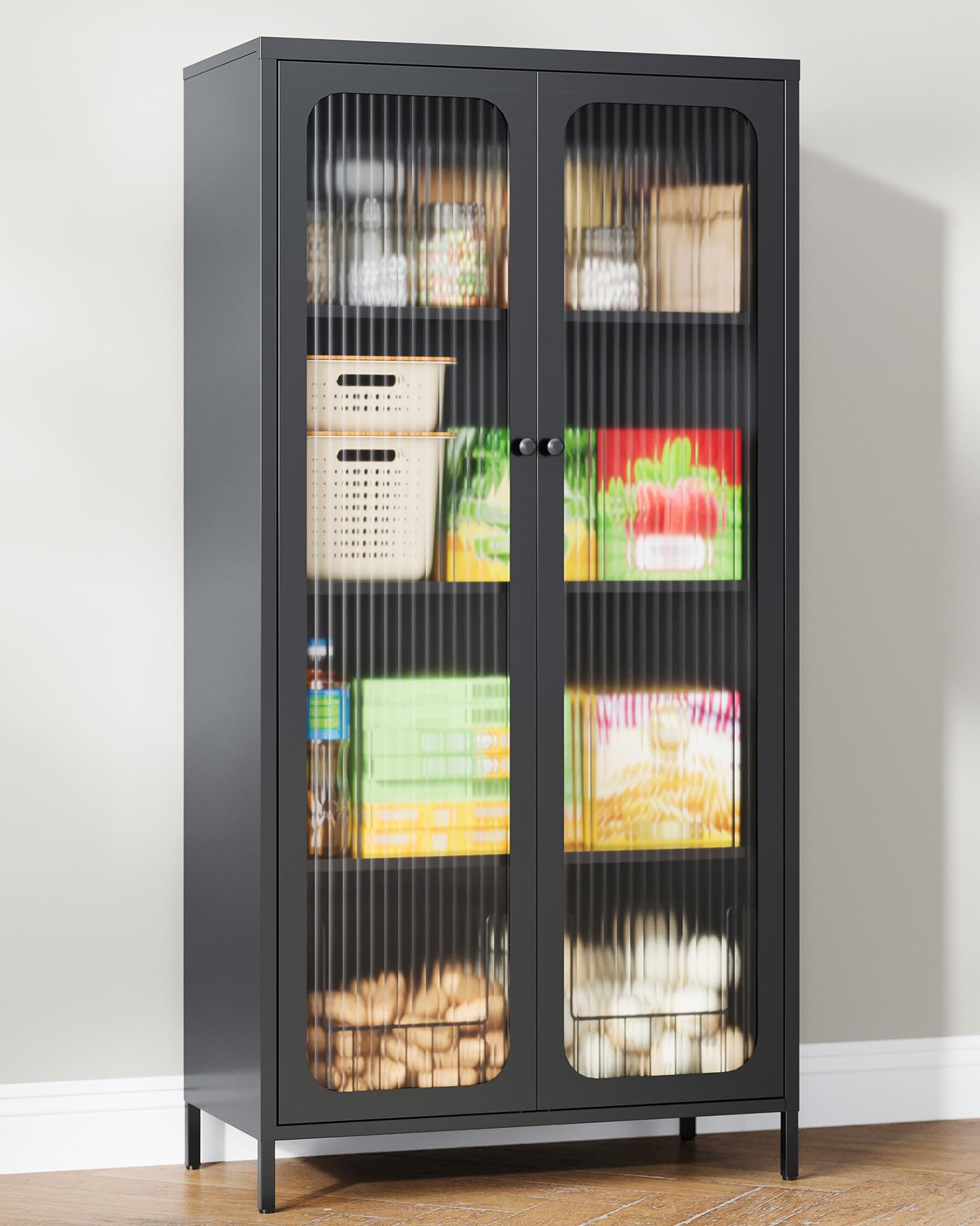PEUKC Display Cabinet with Glass Doors, 71 Inches Metal Display Case with 4 Adjustable Shelves, Curio Storage Cabinet with Lock for Home, Office, Book, Pantry, Assemble Required (White)