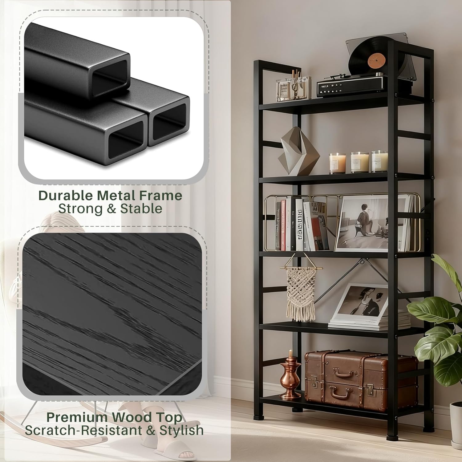 5 Tier Bookshelf, Free Standing Wooden Bookcase with Open Storage Shelves with Metal Frame, Sturdy Shelf Organization Display Rack for Living Room, Bedroom, Home Office, 62.2" Tall, Black