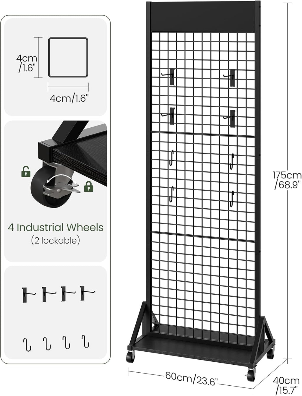 CHOEZON Grid Wall Panel, 2’ x 5.7’ Ft Floor Standing Gridwall Display Rack, Retail Display Stand, with 4 S-Shaped Hooks and 4 Garment Hooks, for Entryway, Study, Kitchen, Outdoors, Black TCJ27BB