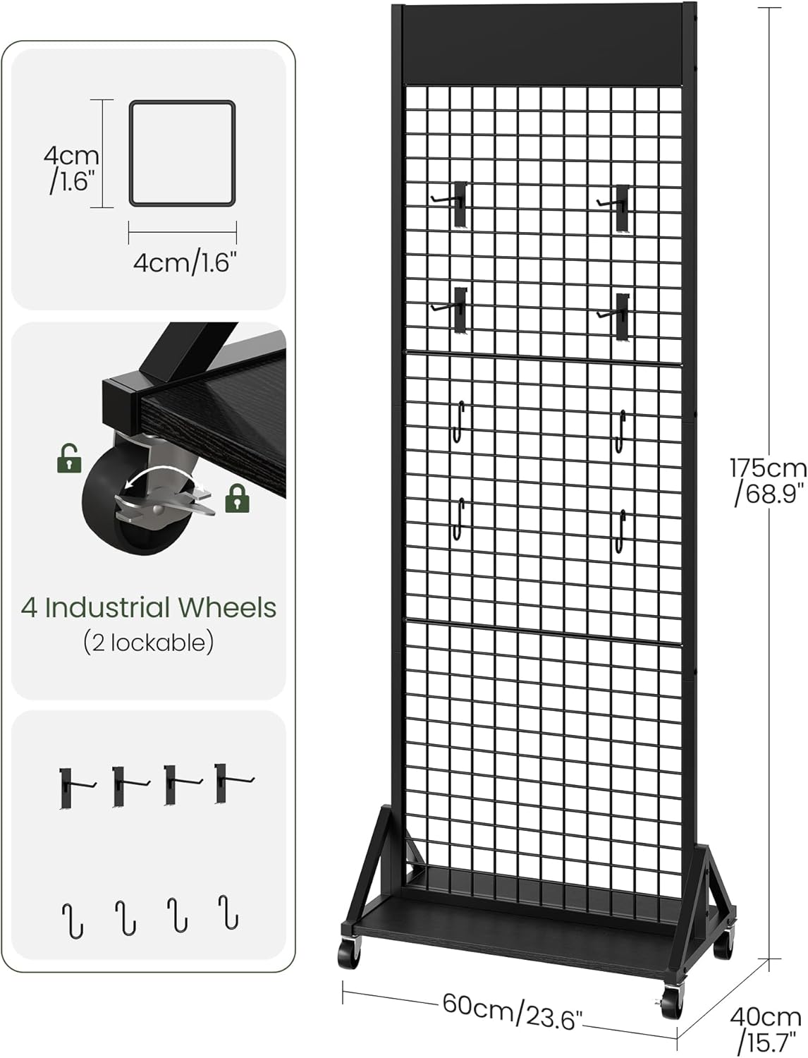 CHOEZON Grid Wall Panel, 2’ x 5.7’ Ft Floor Standing Gridwall Display Rack, Retail Display Stand, with 4 S-Shaped Hooks and 4 Garment Hooks, for Entryway, Study, Kitchen, Outdoors, Black TCJ27BB