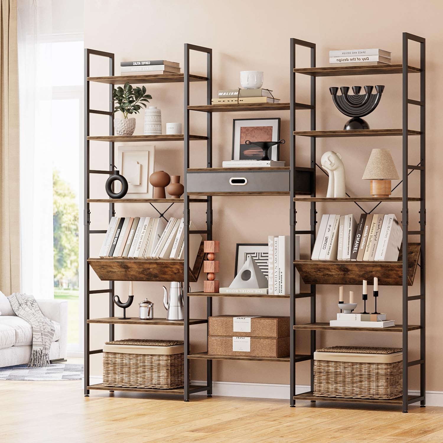 NUMENN Triple Column 5 Tier Bookshelf, Bookcase with 14 Open Display Shelves, Adjustable Rustic Industrial Style Book Shelves, Modern Bookshelves for Bedroom, Living Room and Home Office, Vintage