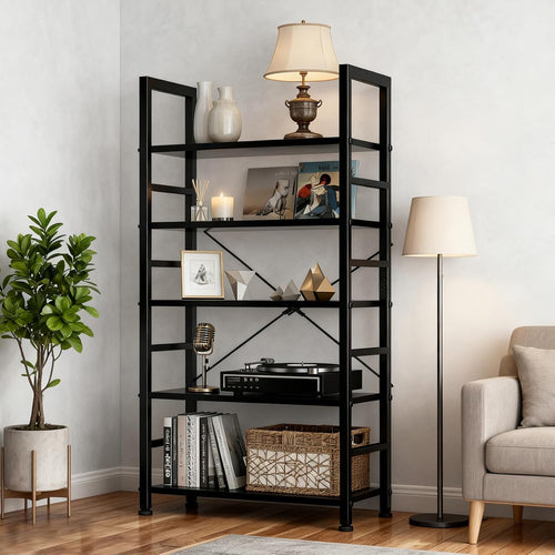 5 Tier Bookshelf, Free Standing Wooden Bookcase with Open Storage Shelves with Metal Frame, Sturdy Shelf Organization Display Rack for Living Room, Bedroom, Home Office, 62.2" Tall, Black