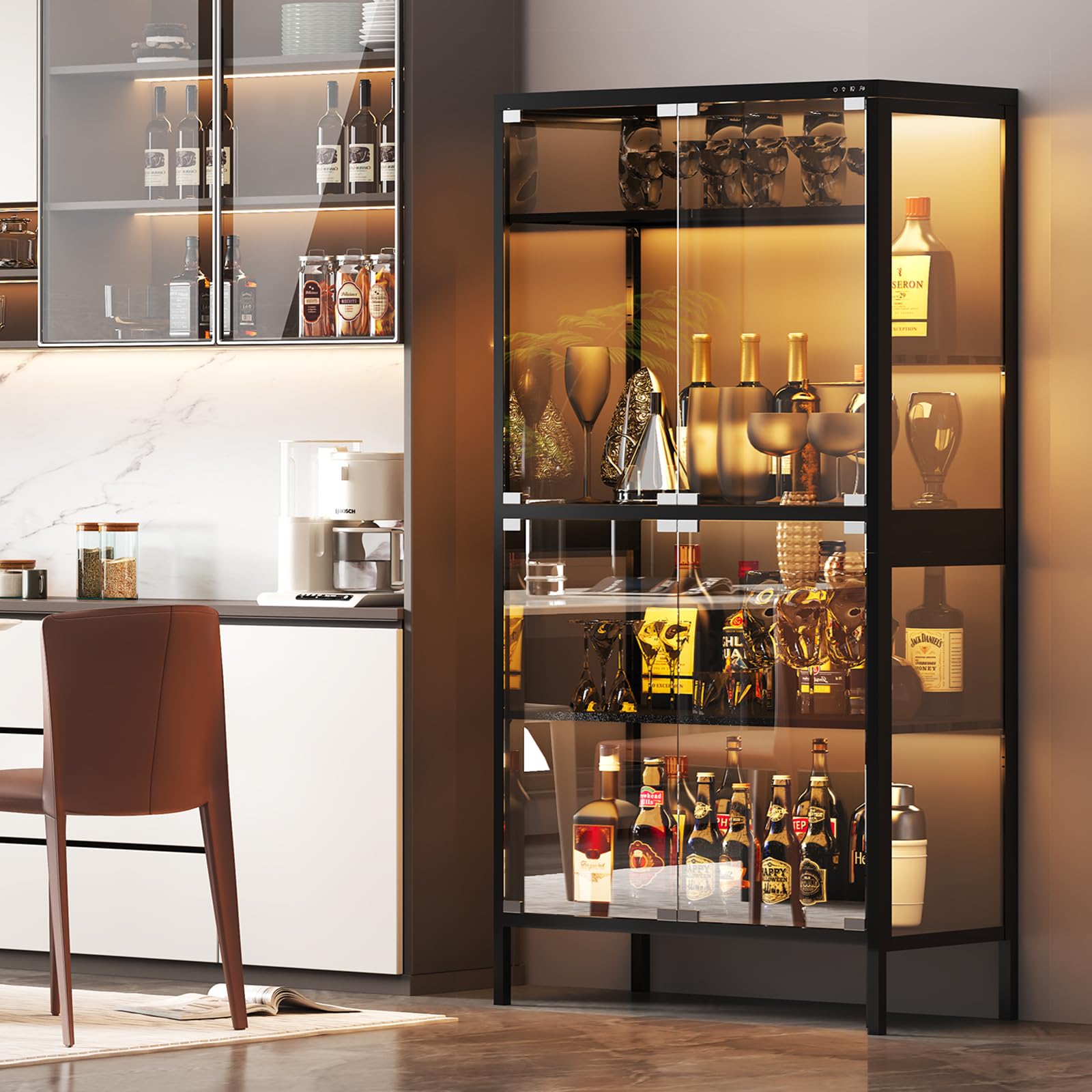 Display Cabinet with Glass Doors, 4-Tier Curio Cabinet with 5 Color Lights for Collectibles, Display Case with Human Body Sensor and Adjustable Shelves for Living Room, Black (32" W x 16" D x 65" H)