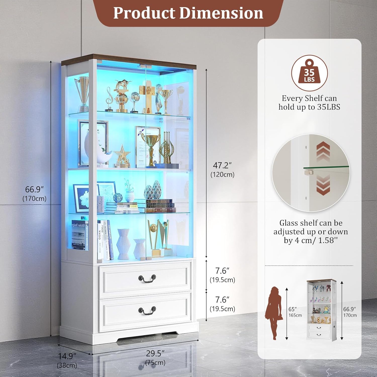 TAGELIER 67" Tall Display Cabinet with Glass Doors and 2 Drawers, Adjustable Glass Height Bookcase, Curio Cabinet with 3 LED Lights and Human Body Sensor (White)