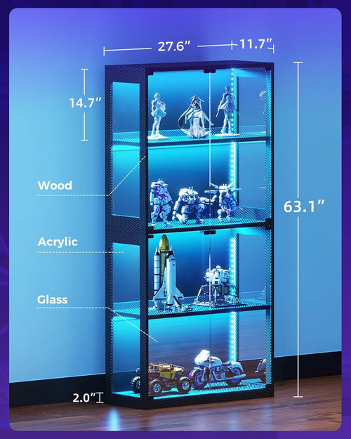 AODK Display Case with RGB Lights, 4-Tier Display Cabinet with Glass Doors and Storage Shelves, Glass Display Cabinet Shelf for Collectibles, Black Curio Cabinet for Game Room