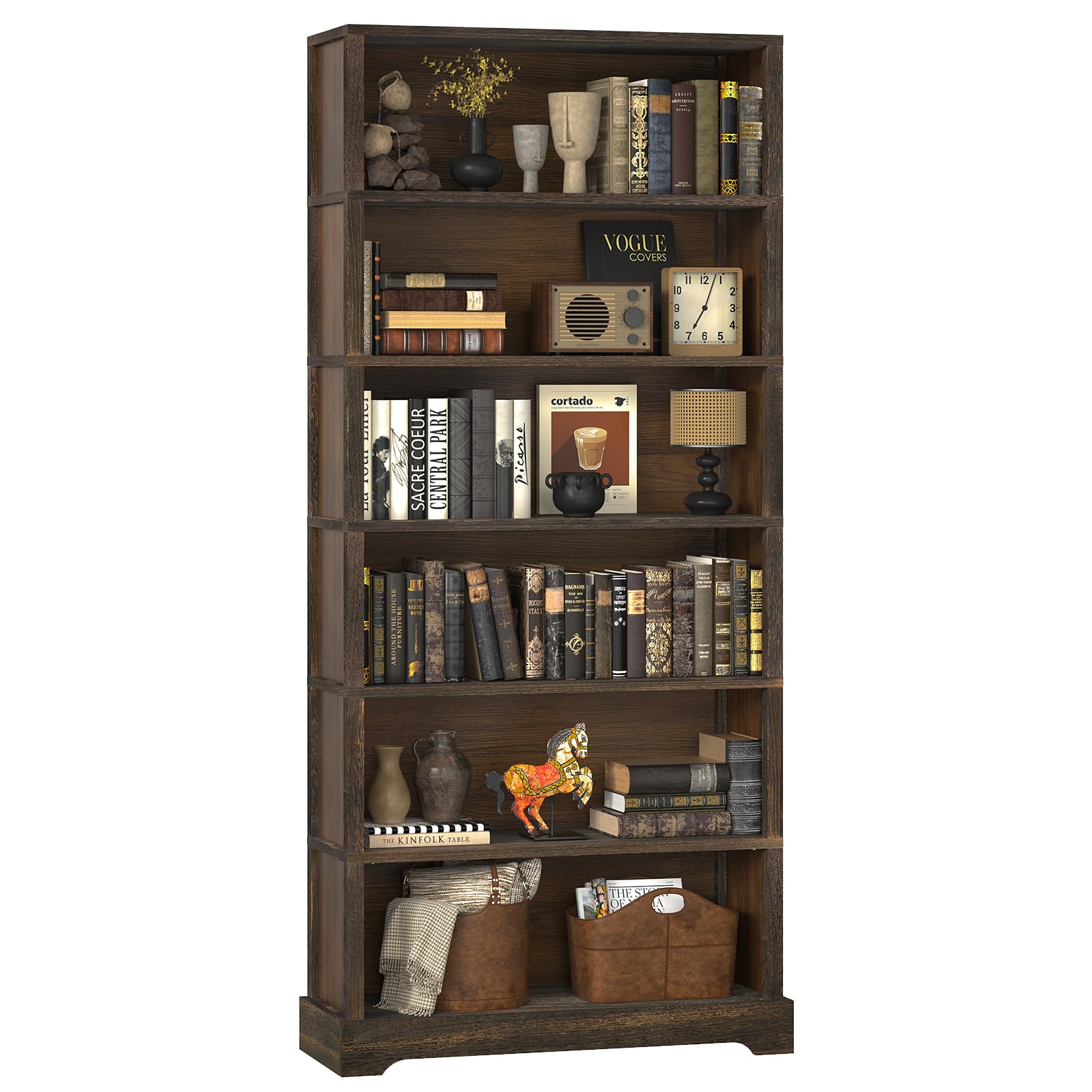 TVU 6-Tier Wooden Book Shelf, Floor-Standing Display Bookcase, 77.2" H x 31.5" W x 11" D Bookshelf, Farmhouse Style Book Case with Arched Base, Suitable for Living Room, Study, Office, Walnut