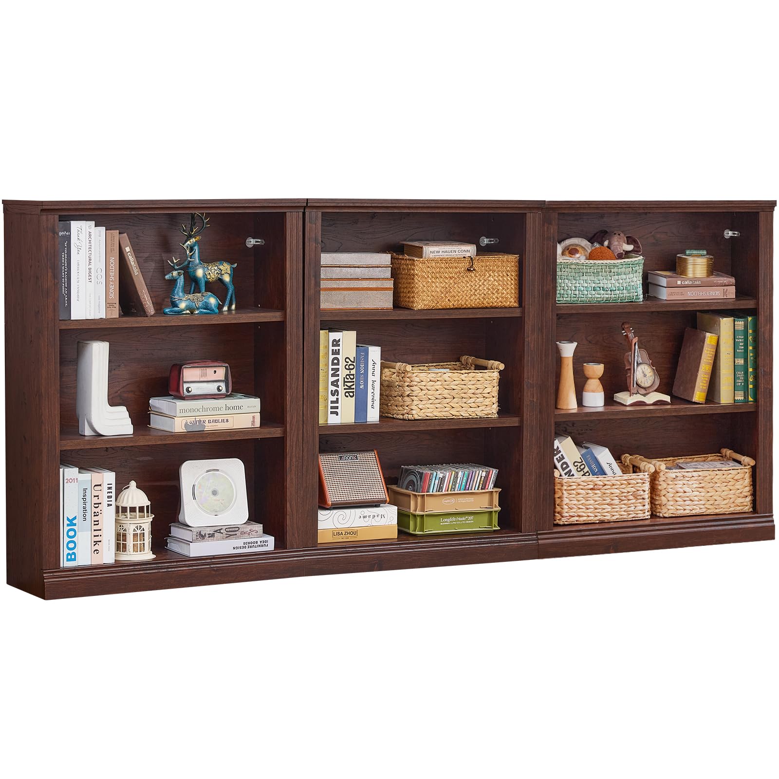 RWYHG 43" Walnut Tall Bookshelf,3-Tier Thick Wooden Book Shelf with Adjustable Shelves,Free Standing Farmhouse Bookcase with Open Display Storage,Floor Vintage Bookshelves for Living Room,Office
