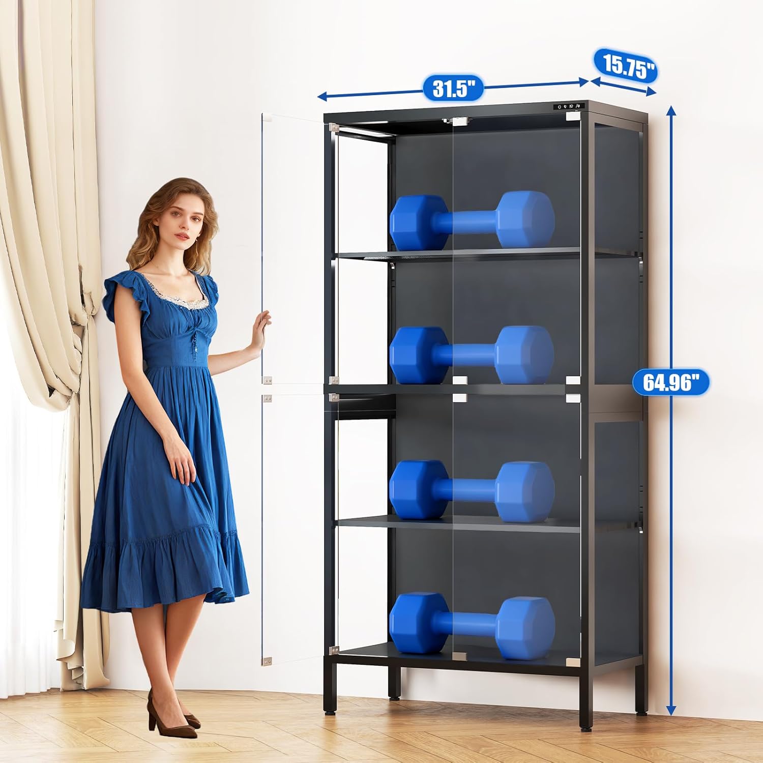 Display Cabinet with Glass Doors, 4-Tier Curio Cabinet with 5 Color Lights for Collectibles, Display Case with Human Body Sensor and Adjustable Shelves for Living Room, Black (32" W x 16" D x 65" H)