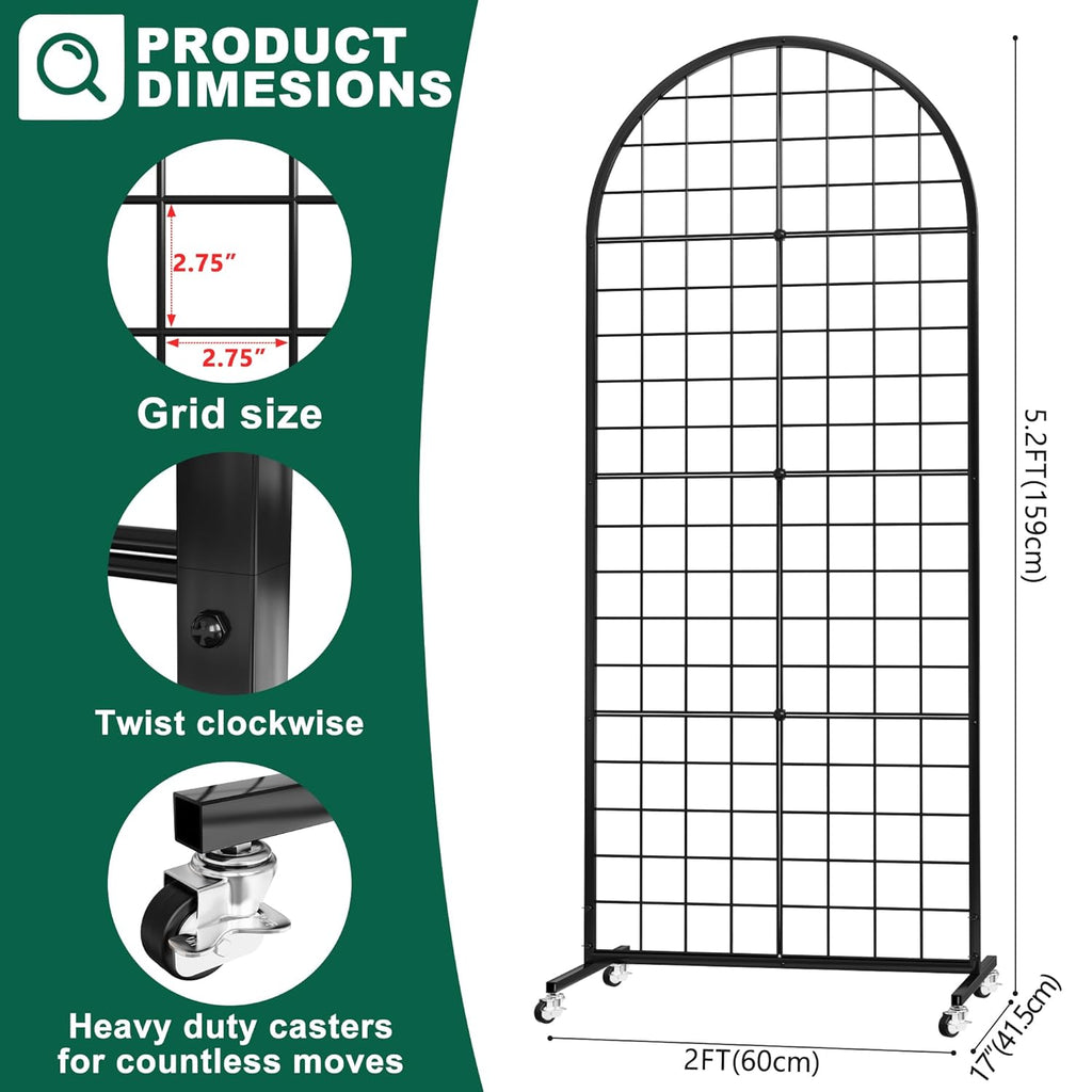 Asee'm Grid Wall Panels Display Stand 2' x 5.2' FT Black Movable Wire Grid Wall Display Rack Heavy Floorstanding Detachable Girdwall Panel with T-Base for Craft Show Rack, Retail Displays 1PCS