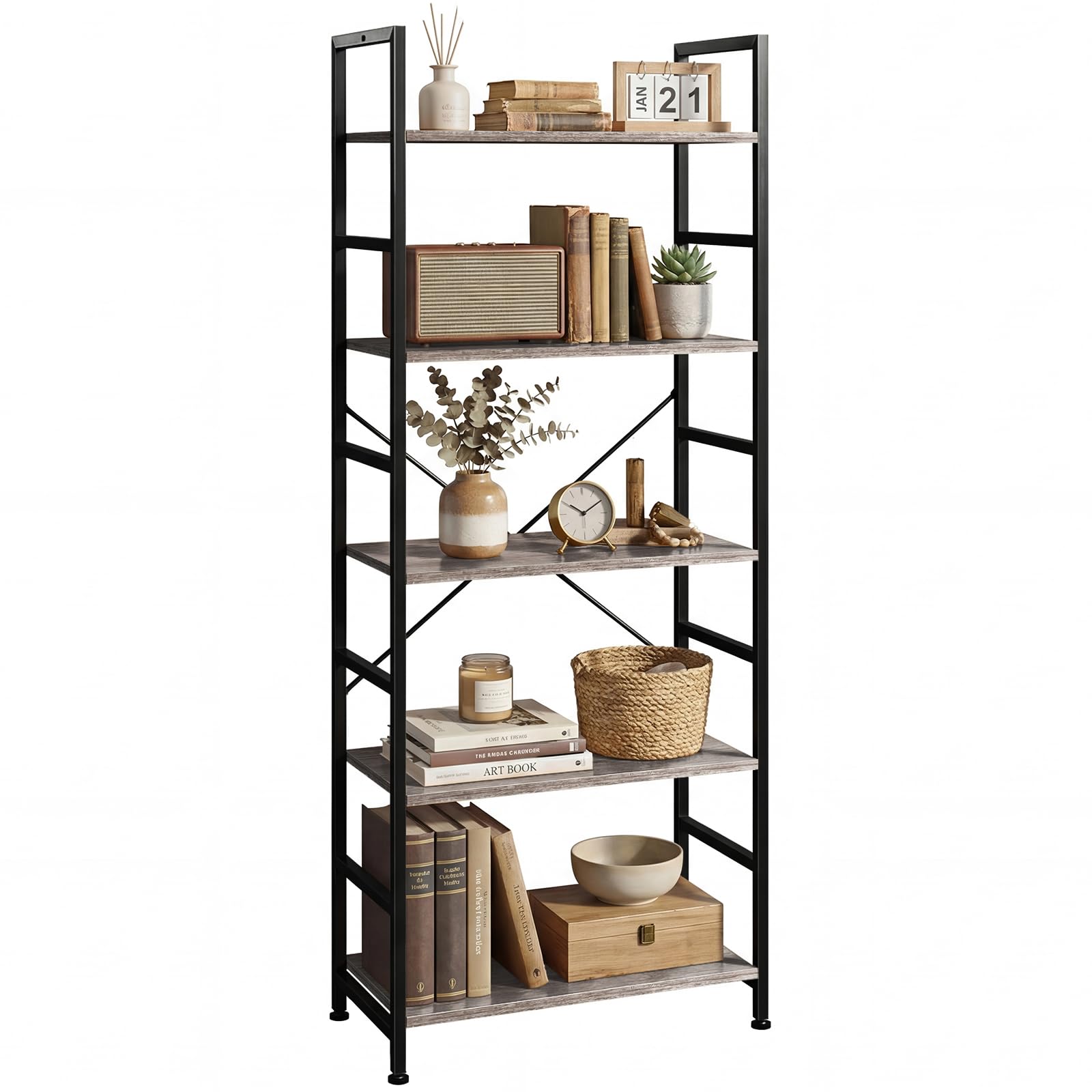 5 Tier Bookshelf, Free Standing Wooden Bookcase with Open Storage Shelves with Metal Frame, Sturdy Shelf Organization Display Rack for Living Room, Bedroom, Home Office, 62.2" Tall, Black