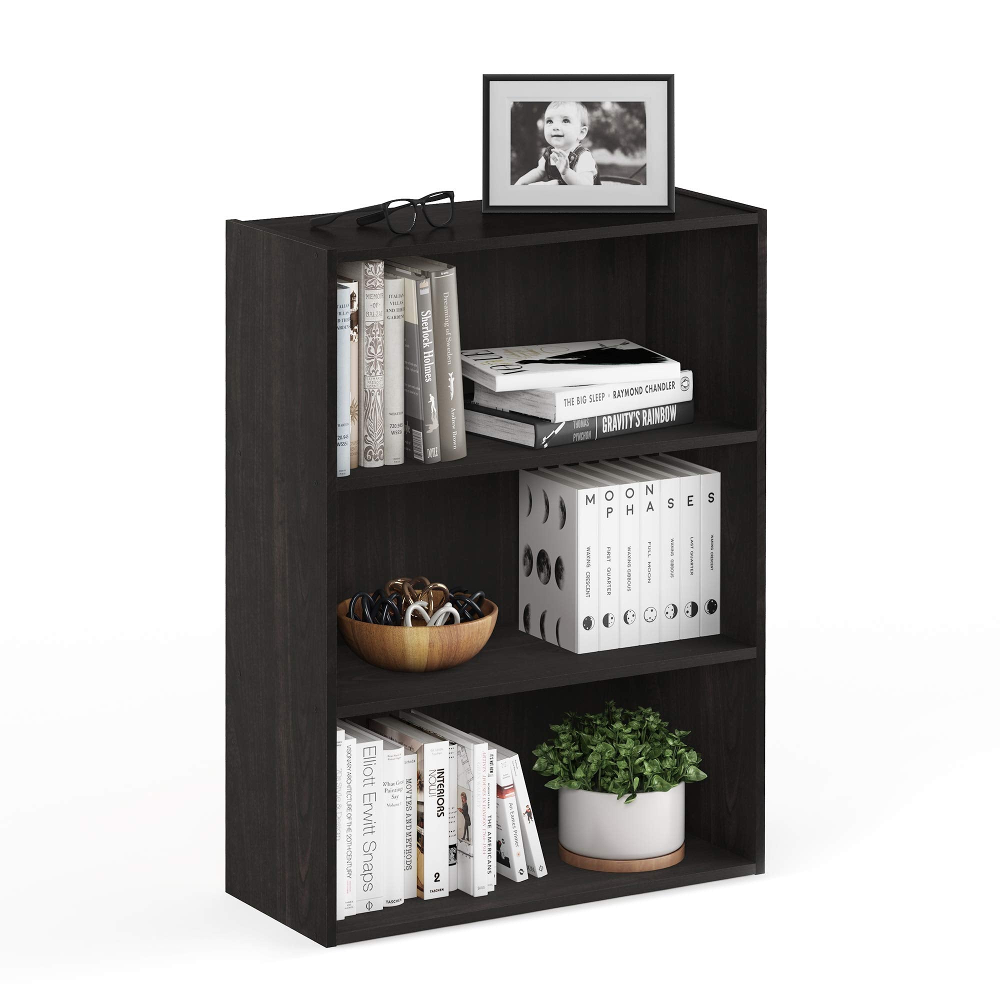 Furinno PASIR Book Shelf, 3-Tier Bookshelf, Storage Shelves Bookcase, 9.7 x 23.7 x 31.5, for Living Room, Bedroom, Home Office, Amber Pine