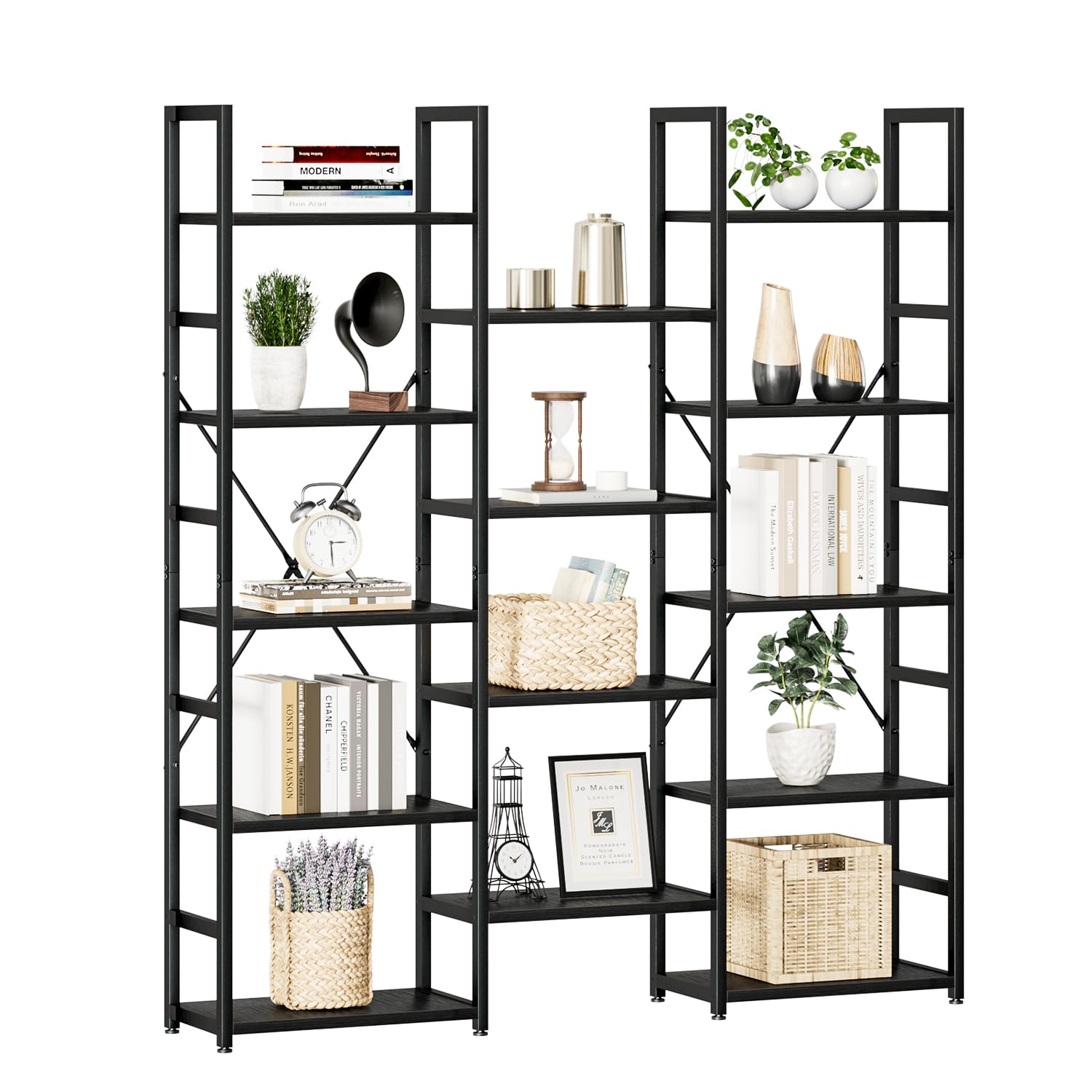 NUMENN Triple Column 5 Tier Bookshelf, Bookcase with 14 Open Display Shelves, Adjustable Rustic Industrial Style Book Shelves, Modern Bookshelves for Bedroom, Living Room and Home Office, Vintage