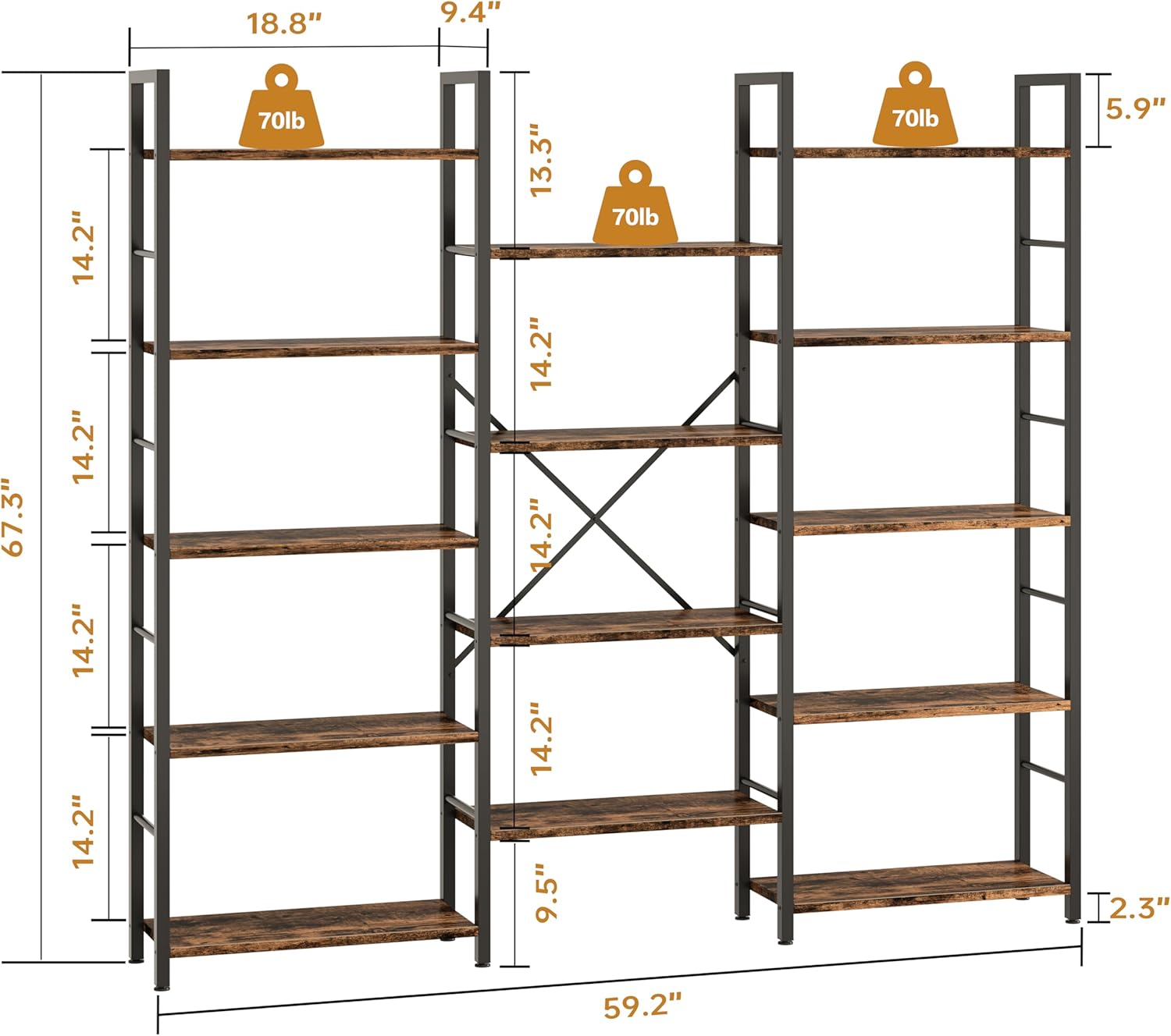 Shintenchi Triple Column 5 Tier Bookshelf, Industrial Large Bookcase Display Shelves, Large Etagere Bookshelf,Wide Book Shelf Book Case for Home & Office, Rustic Brown