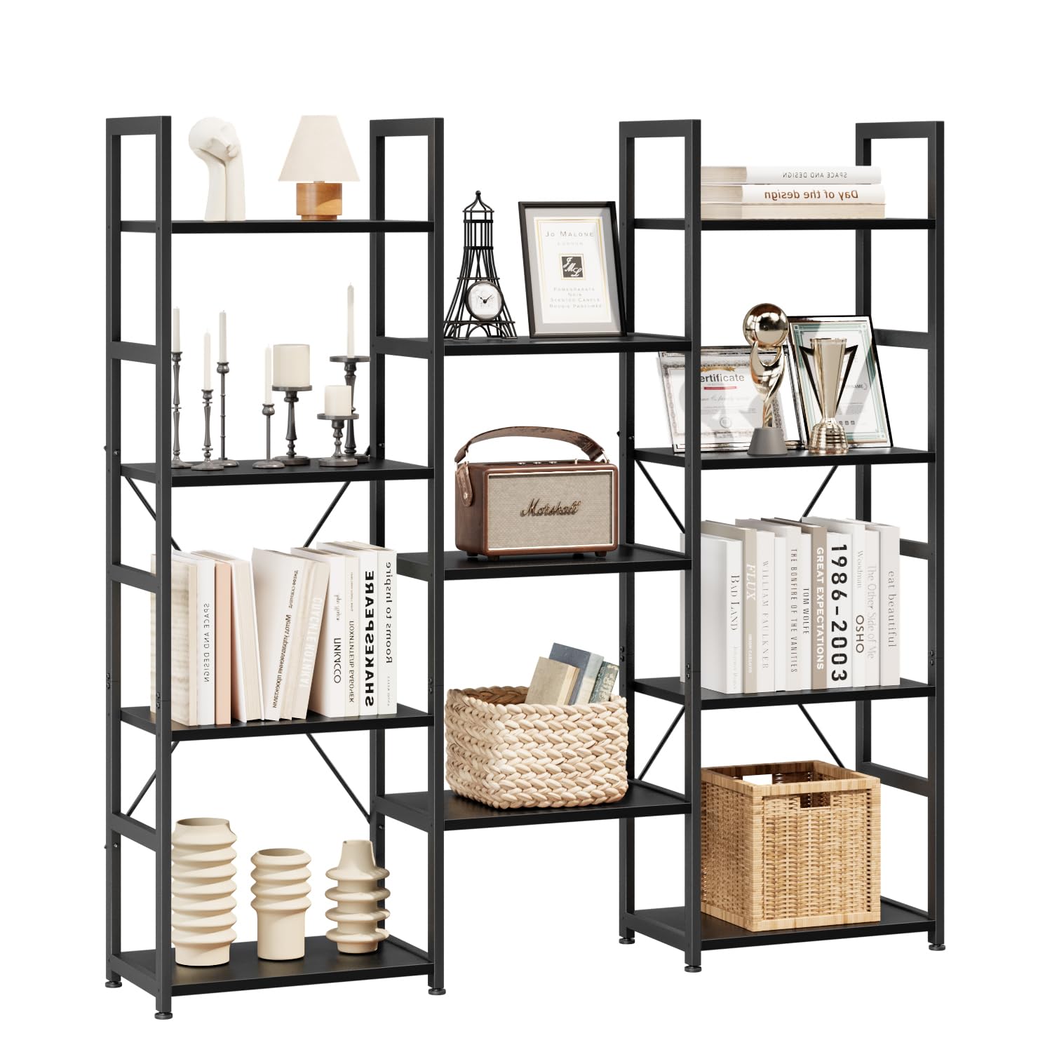 NUMENN Triple Column 5 Tier Bookshelf, Bookcase with 14 Open Display Shelves, Adjustable Rustic Industrial Style Book Shelves, Modern Bookshelves for Bedroom, Living Room and Home Office, Vintage
