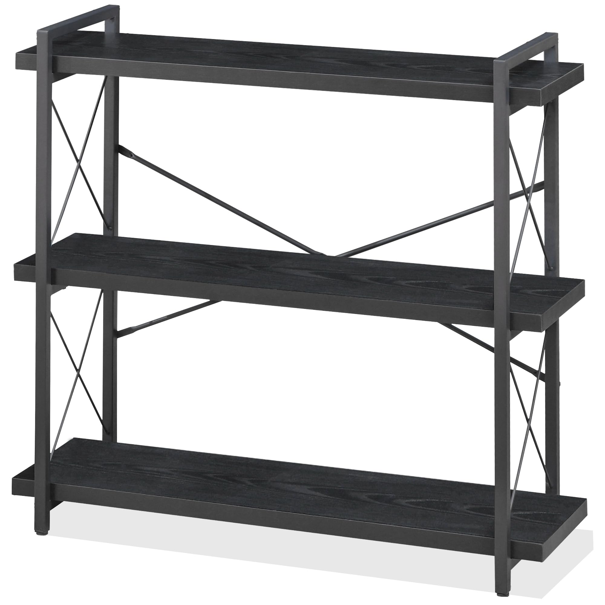 HCHQHS Bookshelf, 3-Tier Industrial Bookcase, Rustic Open Book Shelf, Wood and Metal Horizontal Bookshelves