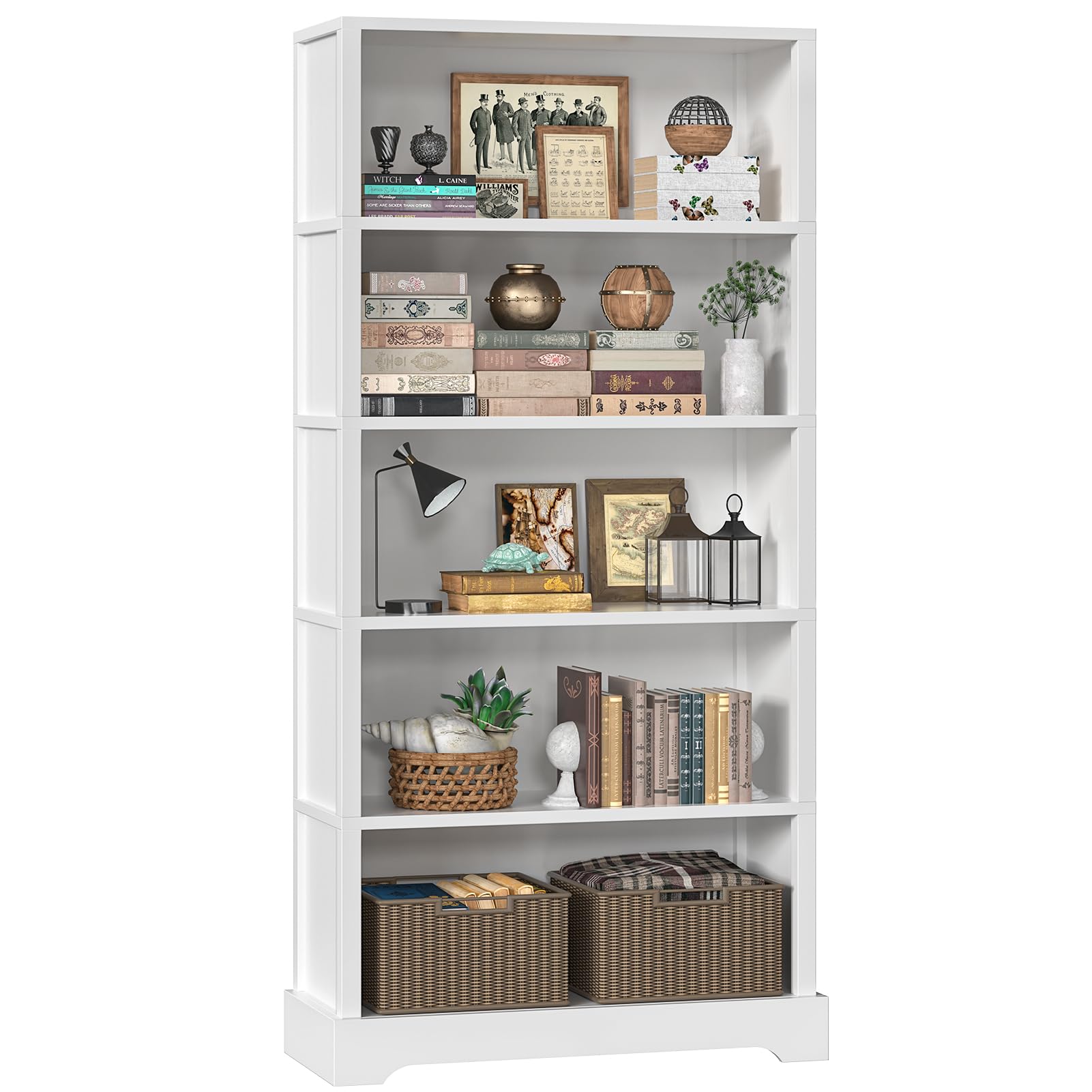 TVU 6-Tier Wooden Book Shelf, Floor-Standing Display Bookcase, 77.2" H x 31.5" W x 11" D Bookshelf, Farmhouse Style Book Case with Arched Base, Suitable for Living Room, Study, Office, Walnut