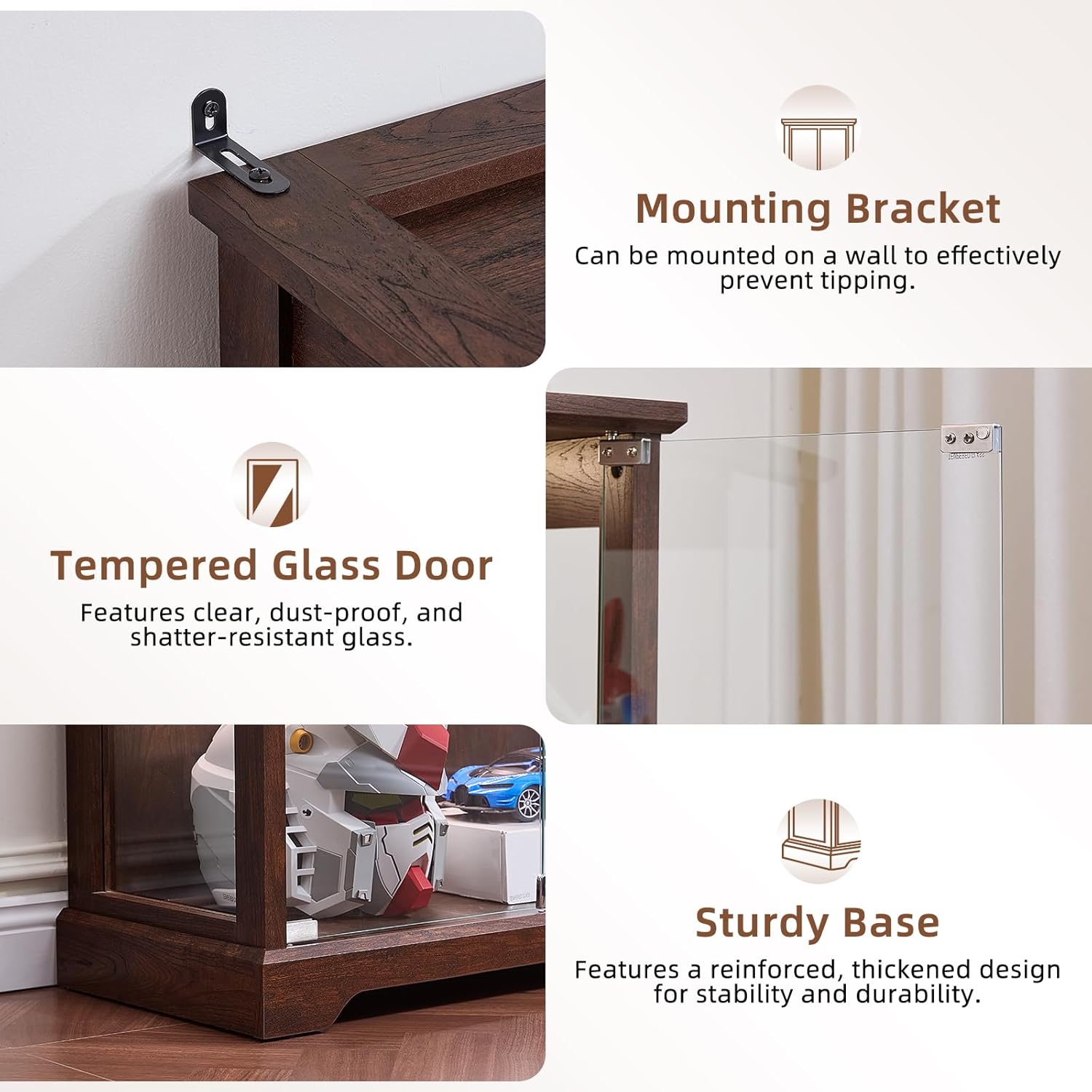 LELELINKY Farmhouse Display Cabinet with Glass Doors, Curio Cabinet with 3-Color LED Motion-Sensor Light for Living Room, Office, Dining Room, Walnut
