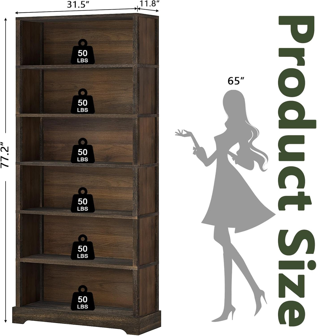 TVU 6-Tier Wooden Book Shelf, Floor-Standing Display Bookcase, 77.2" H x 31.5" W x 11" D Bookshelf, Farmhouse Style Book Case with Arched Base, Suitable for Living Room, Study, Office, Walnut