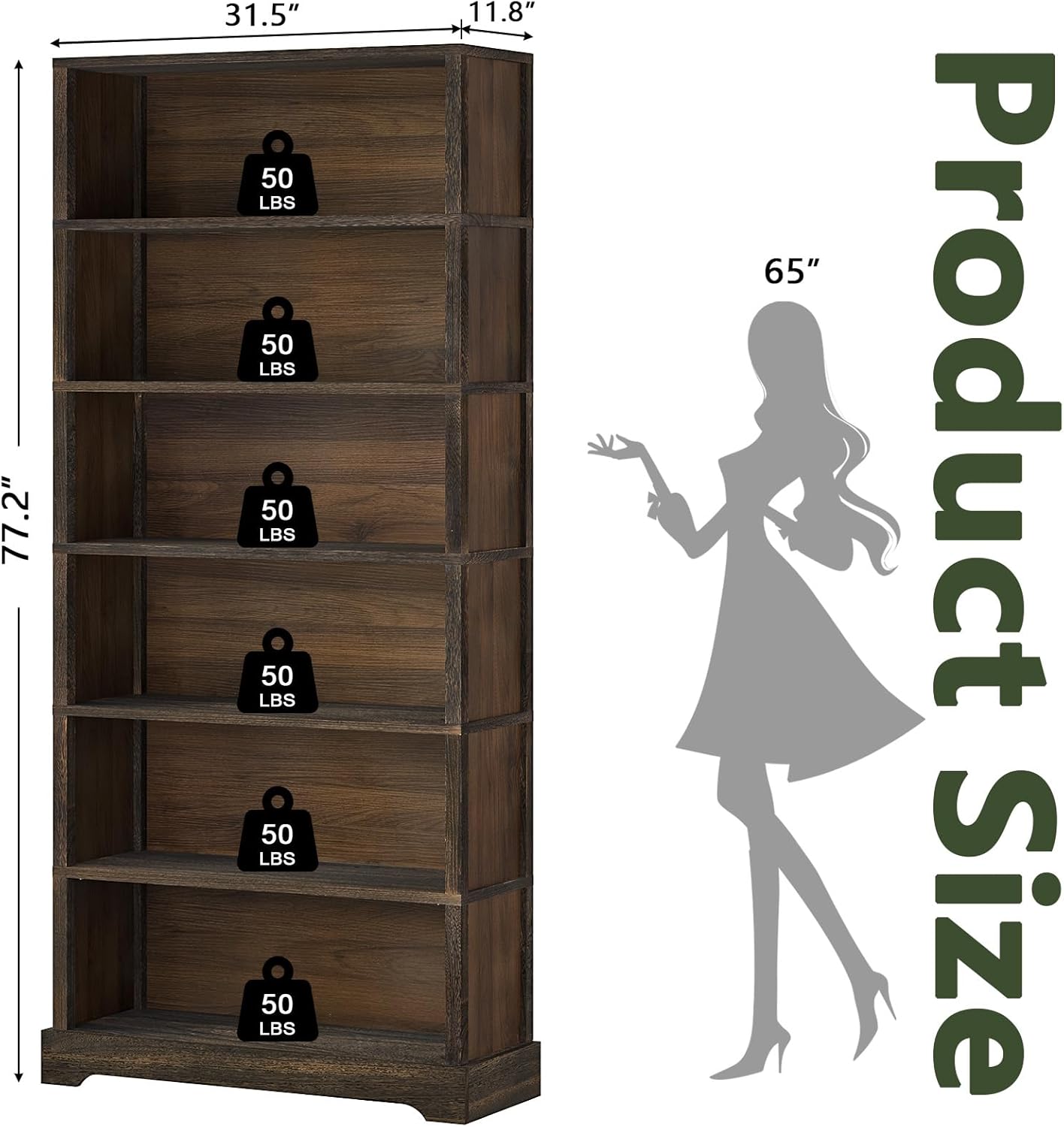 TVU 6-Tier Wooden Book Shelf, Floor-Standing Display Bookcase, 77.2" H x 31.5" W x 11" D Bookshelf, Farmhouse Style Book Case with Arched Base, Suitable for Living Room, Study, Office, Walnut