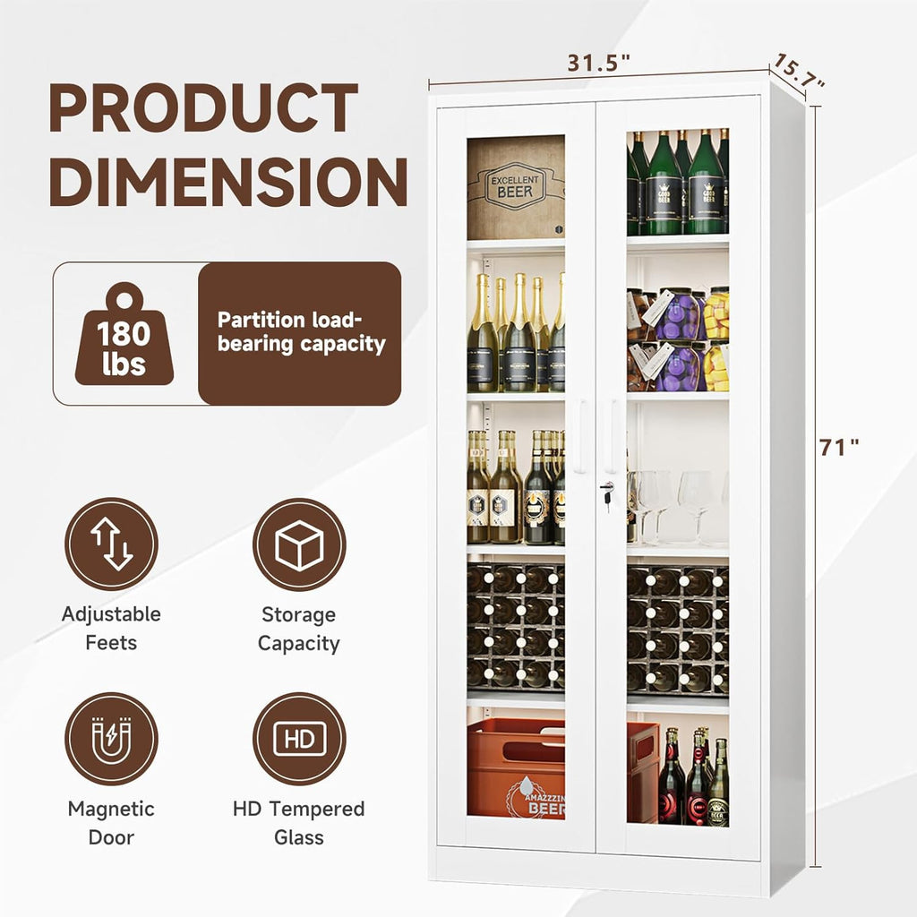 PEUKC Display Cabinet with Glass Doors, 71 Inches Metal Display Case with 4 Adjustable Shelves, Curio Storage Cabinet with Lock for Home, Office, Book, Pantry, Assemble Required (White)
