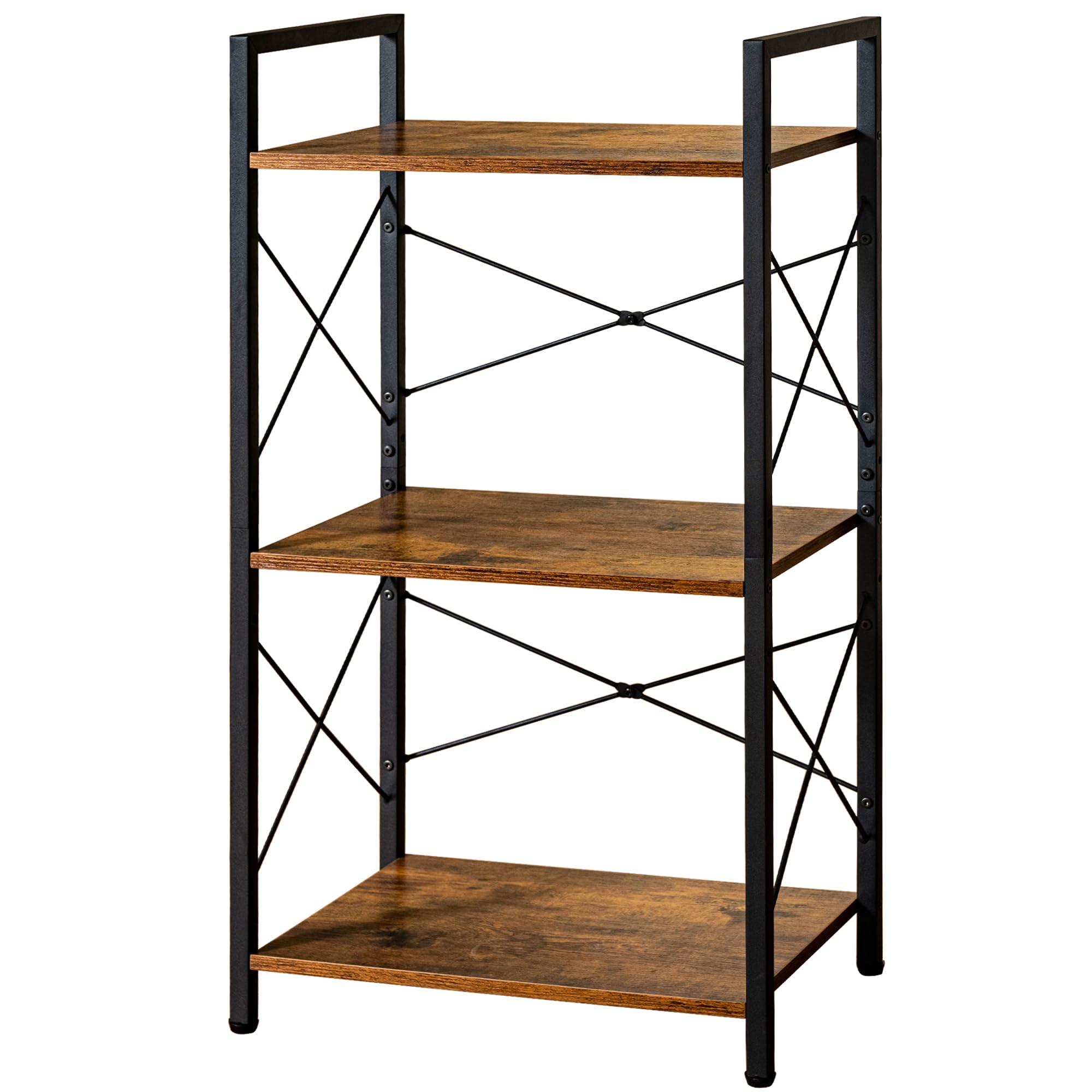 HCHQHS Bookshelf, 3-Tier Industrial Bookcase, Rustic Open Book Shelf, Wood and Metal Horizontal Bookshelves
