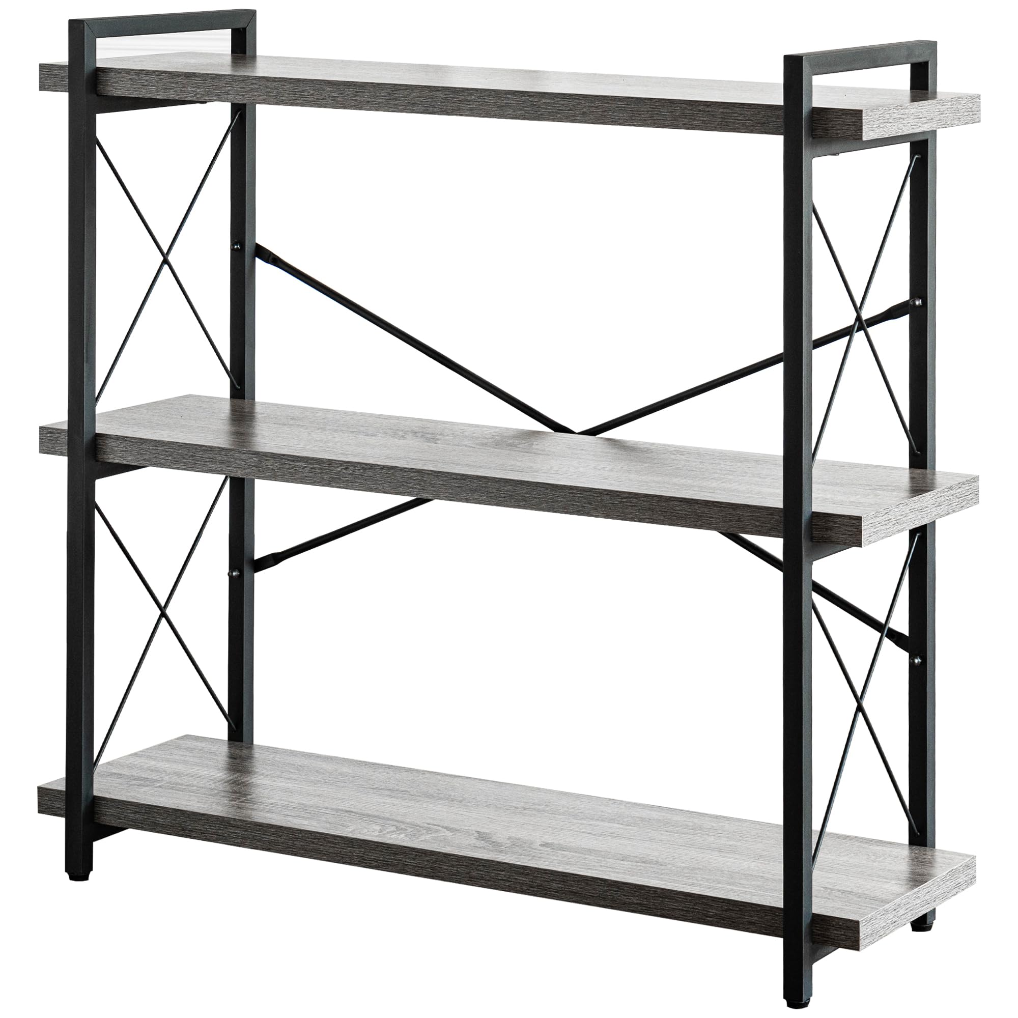 HCHQHS Bookshelf, 3-Tier Industrial Bookcase, Rustic Open Book Shelf, Wood and Metal Horizontal Bookshelves
